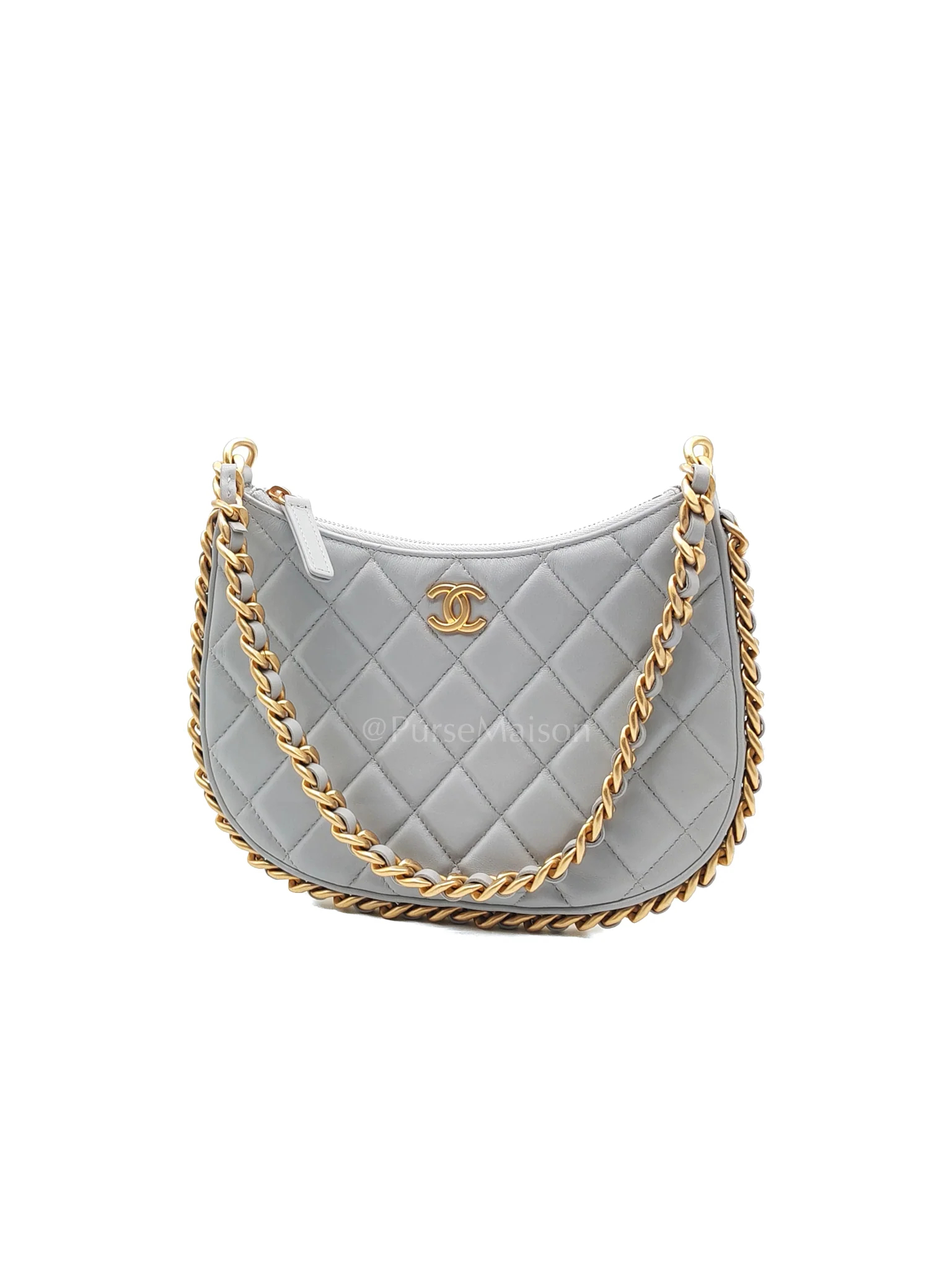Chanel 23B Hobo Bag Chain Edging in Gray Quilted Lambskin Leather and Aged Gold Hardware (Microchip) - Image 3
