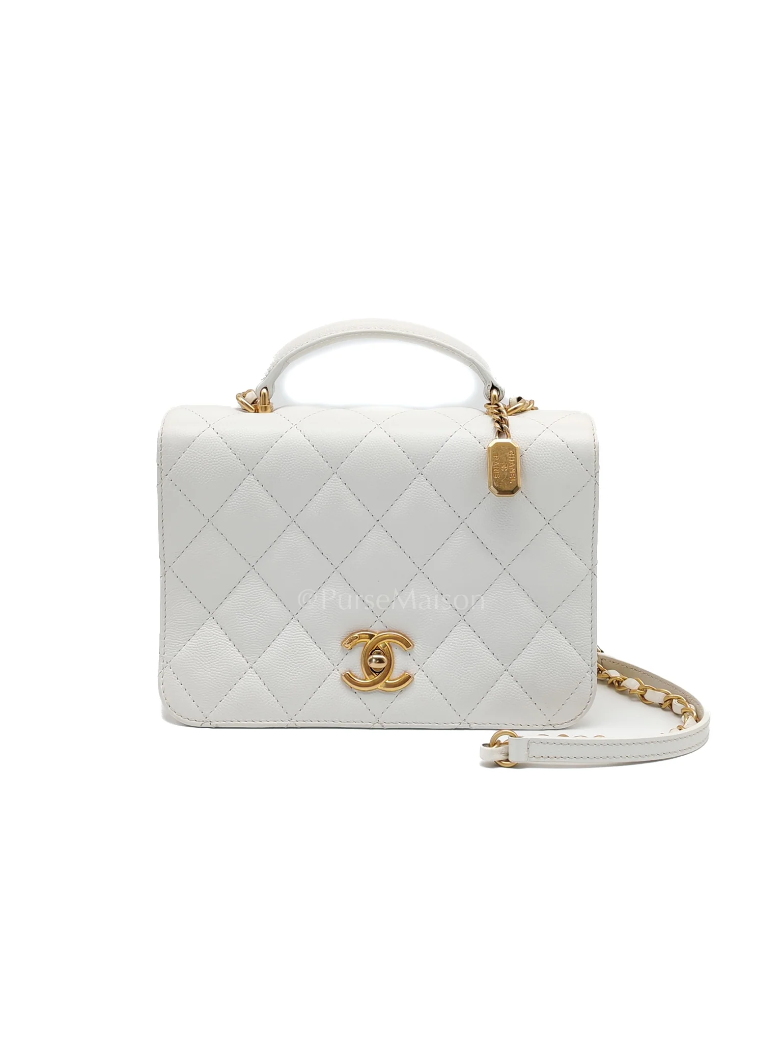 Chanel Full Flap Top Handle in White Caviar Calfskin Leather and Aged Gold Hardware (Microchip)