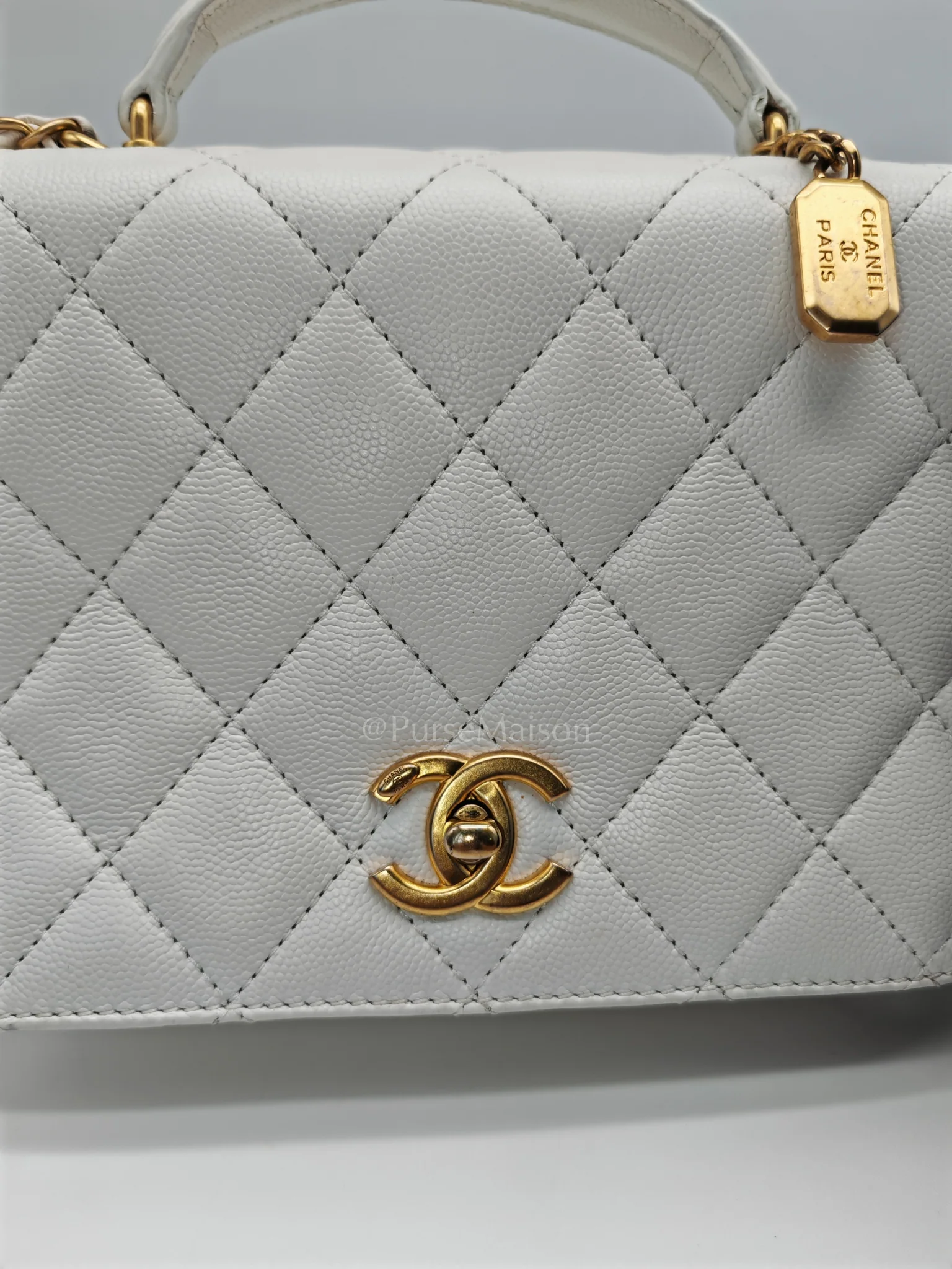 Chanel Full Flap Top Handle in White Caviar Calfskin Leather and Aged Gold Hardware (Microchip) - Image 20