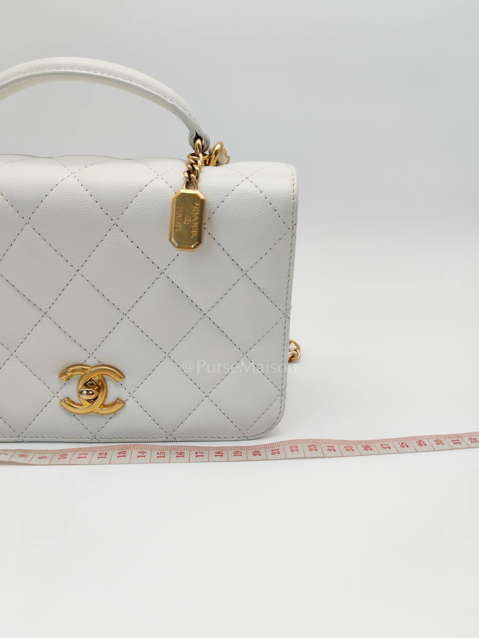 Chanel Full Flap Top Handle in White Caviar Calfskin Leather and Aged Gold Hardware (Microchip) - Image 29