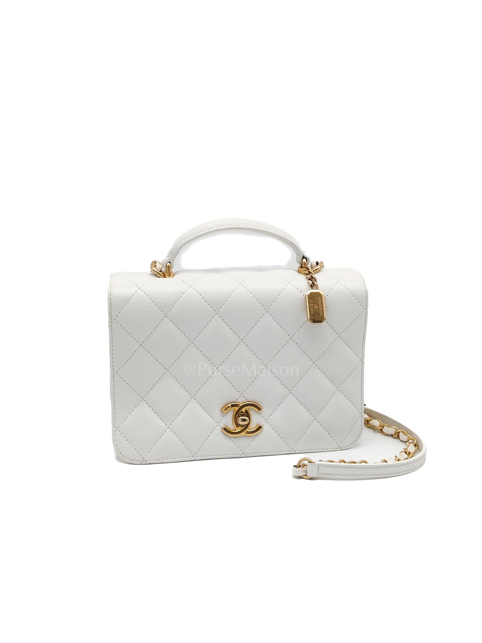 Chanel Full Flap Top Handle in White Caviar Calfskin Leather and Aged Gold Hardware (Microchip) - Image 3