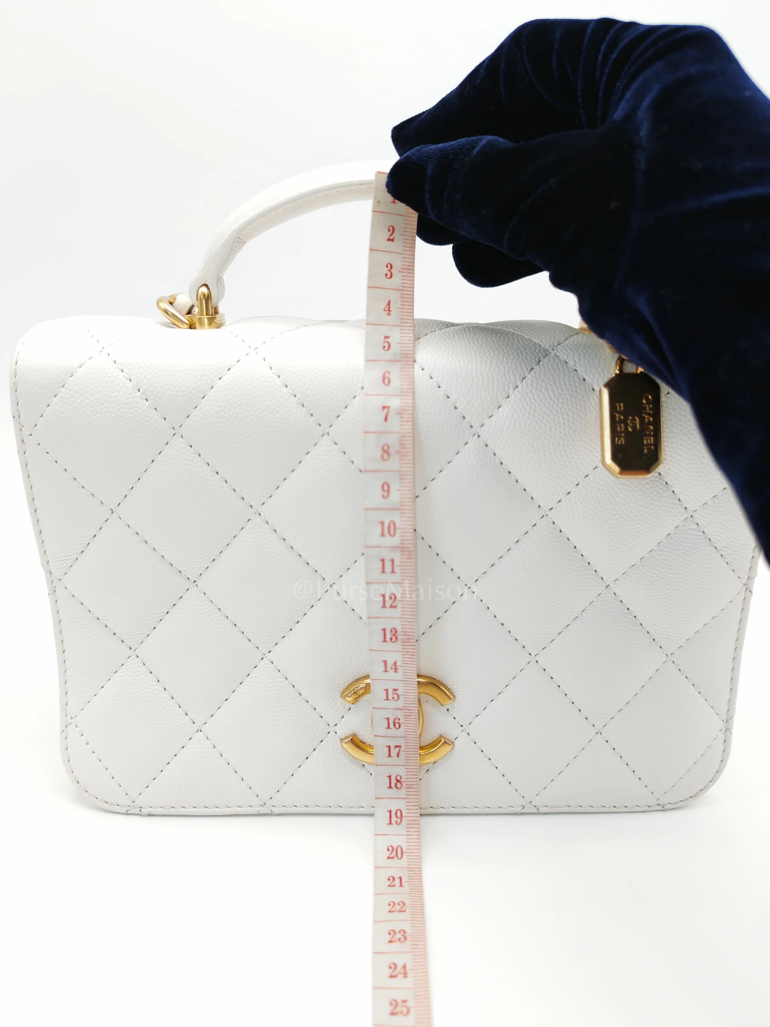 Chanel Full Flap Top Handle in White Caviar Calfskin Leather and Aged Gold Hardware (Microchip) - Image 30