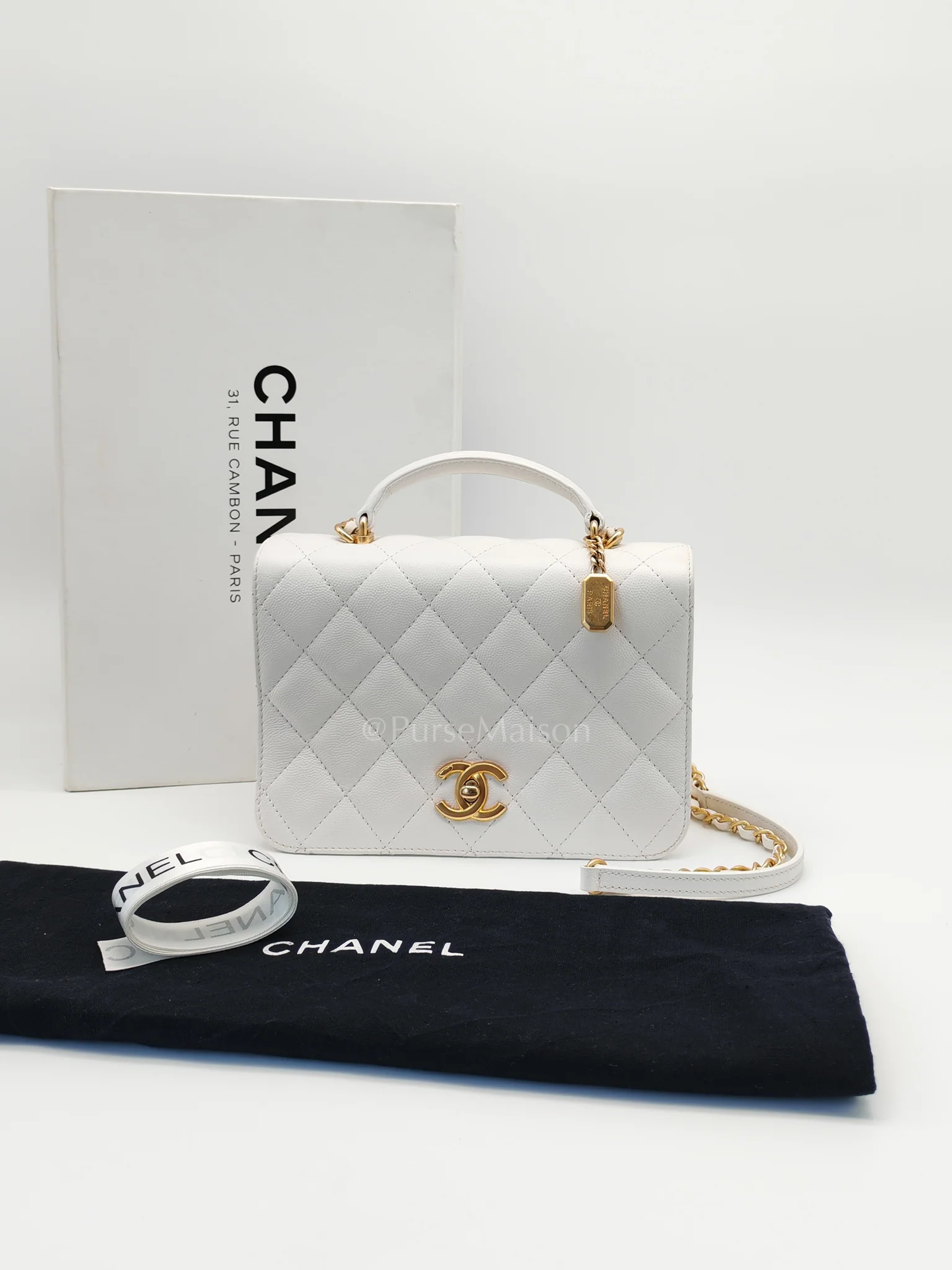 Chanel Full Flap Top Handle in White Caviar Calfskin Leather and Aged Gold Hardware (Microchip) - Image 32