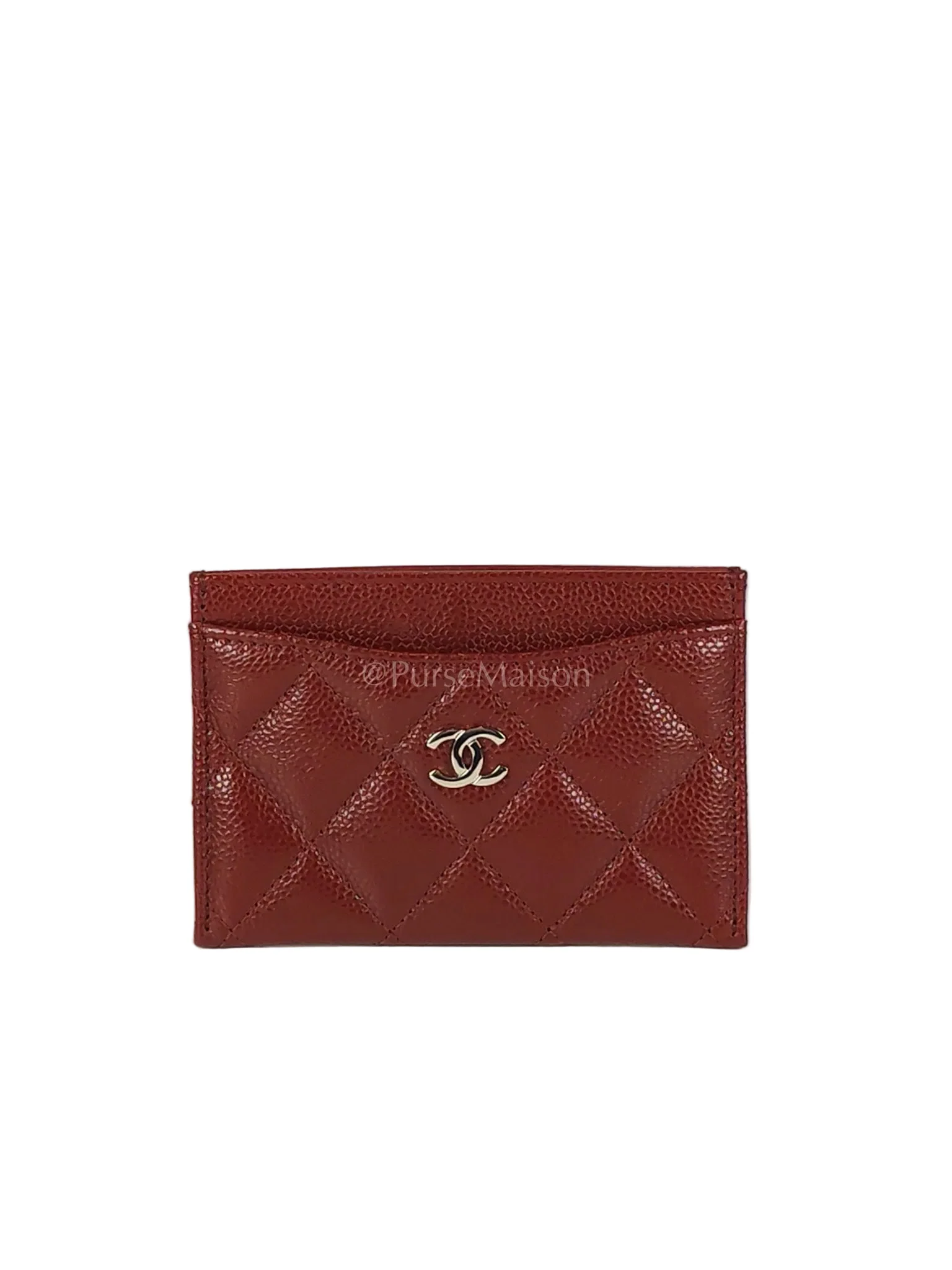 Chanel Classic Flat Card Holder in Burgundy Caviar Leather Silver Hardware (Series 30)
