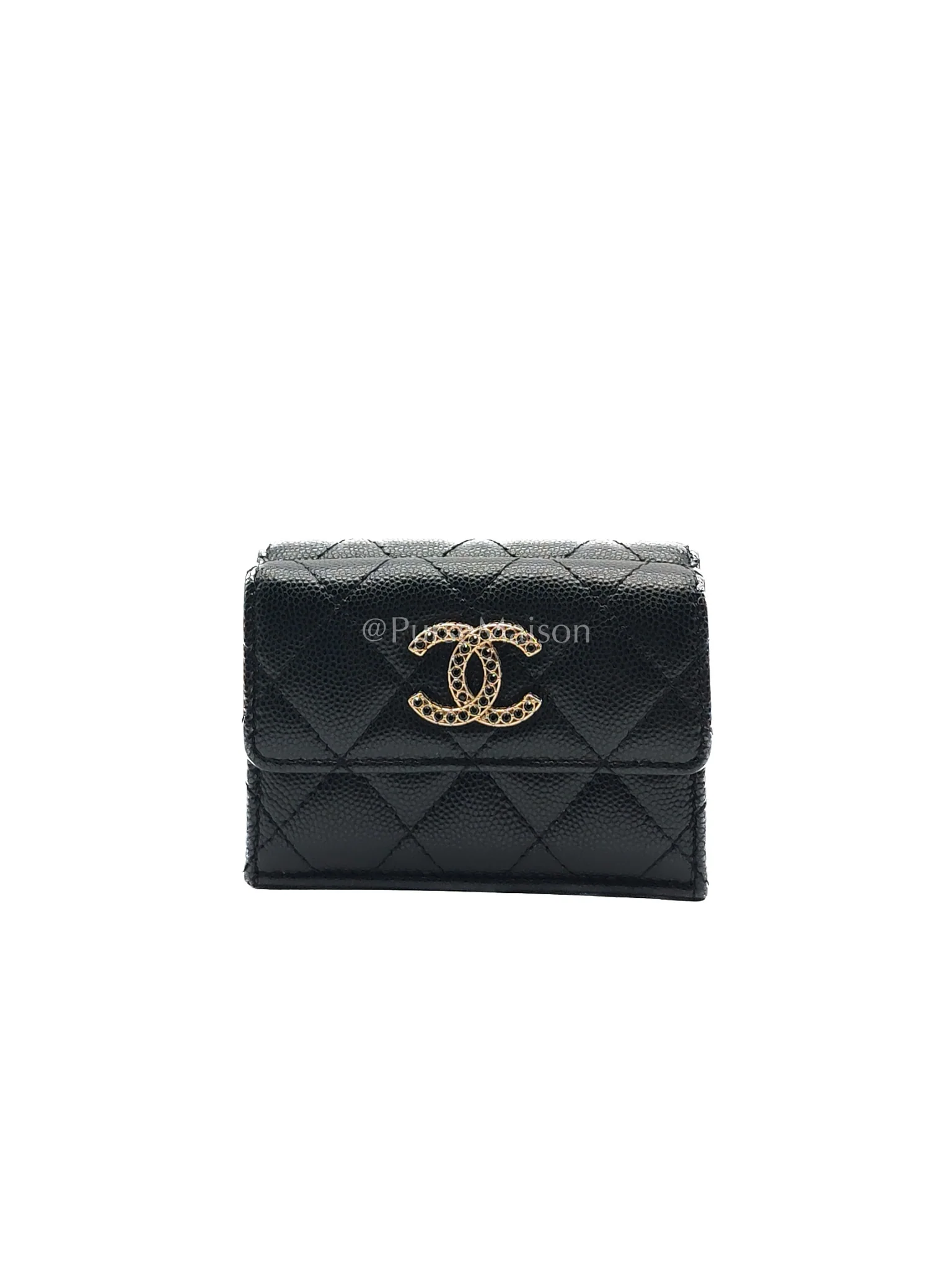 Chanel Tri-Fold Flap Wallet in Black Quilted Caviar Leather and Crystal Enamel CC Logo Microchip