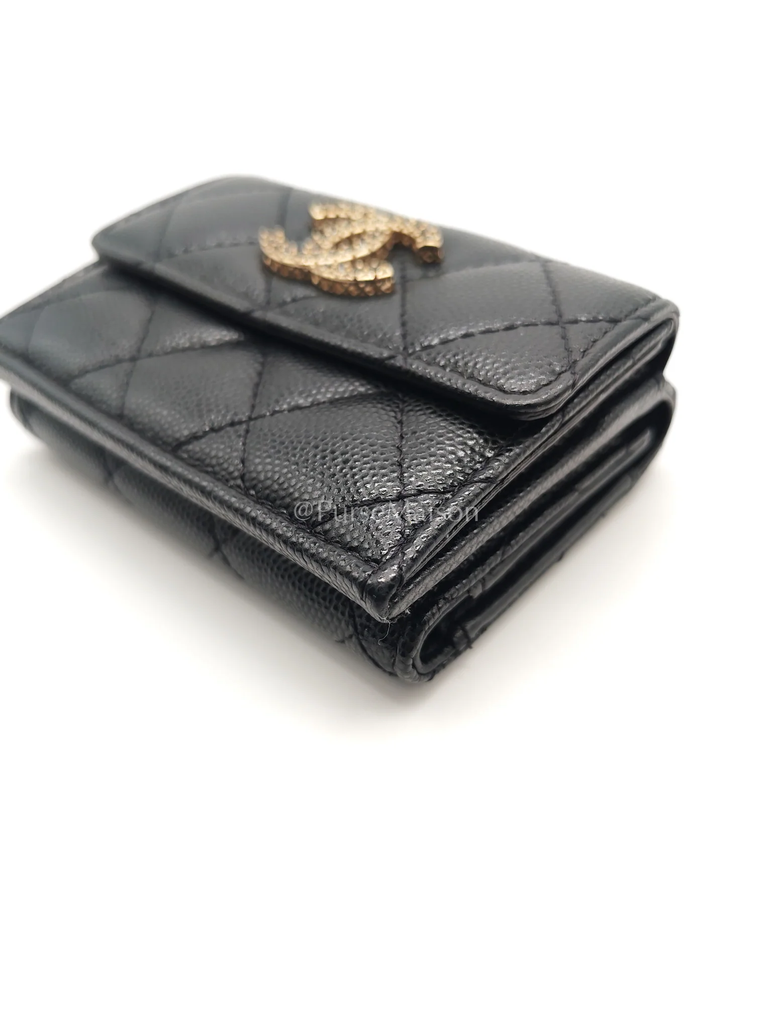 Chanel Tri-Fold Flap Wallet in Black Quilted Caviar Leather and Crystal Enamel CC Logo Microchip - Image 10
