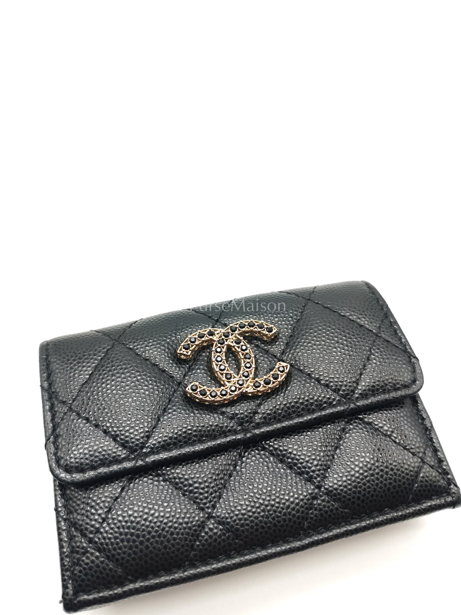 Chanel Tri-Fold Flap Wallet in Black Quilted Caviar Leather and Crystal Enamel CC Logo Microchip - Image 14