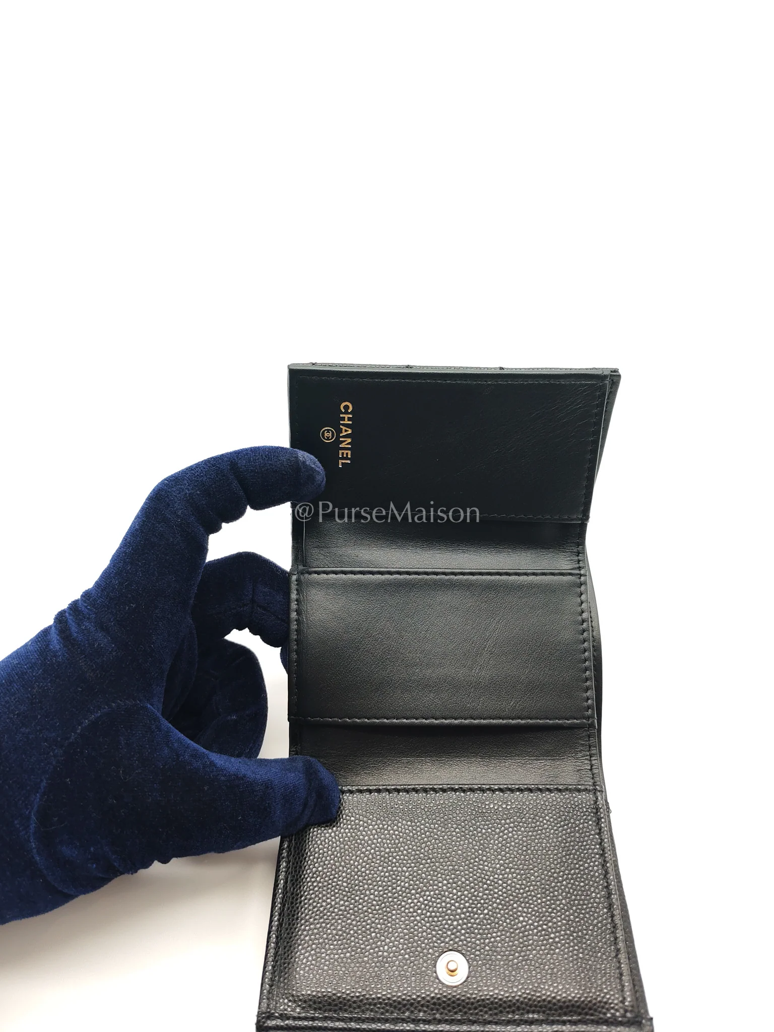 Chanel Tri-Fold Flap Wallet in Black Quilted Caviar Leather and Crystal Enamel CC Logo Microchip - Image 20