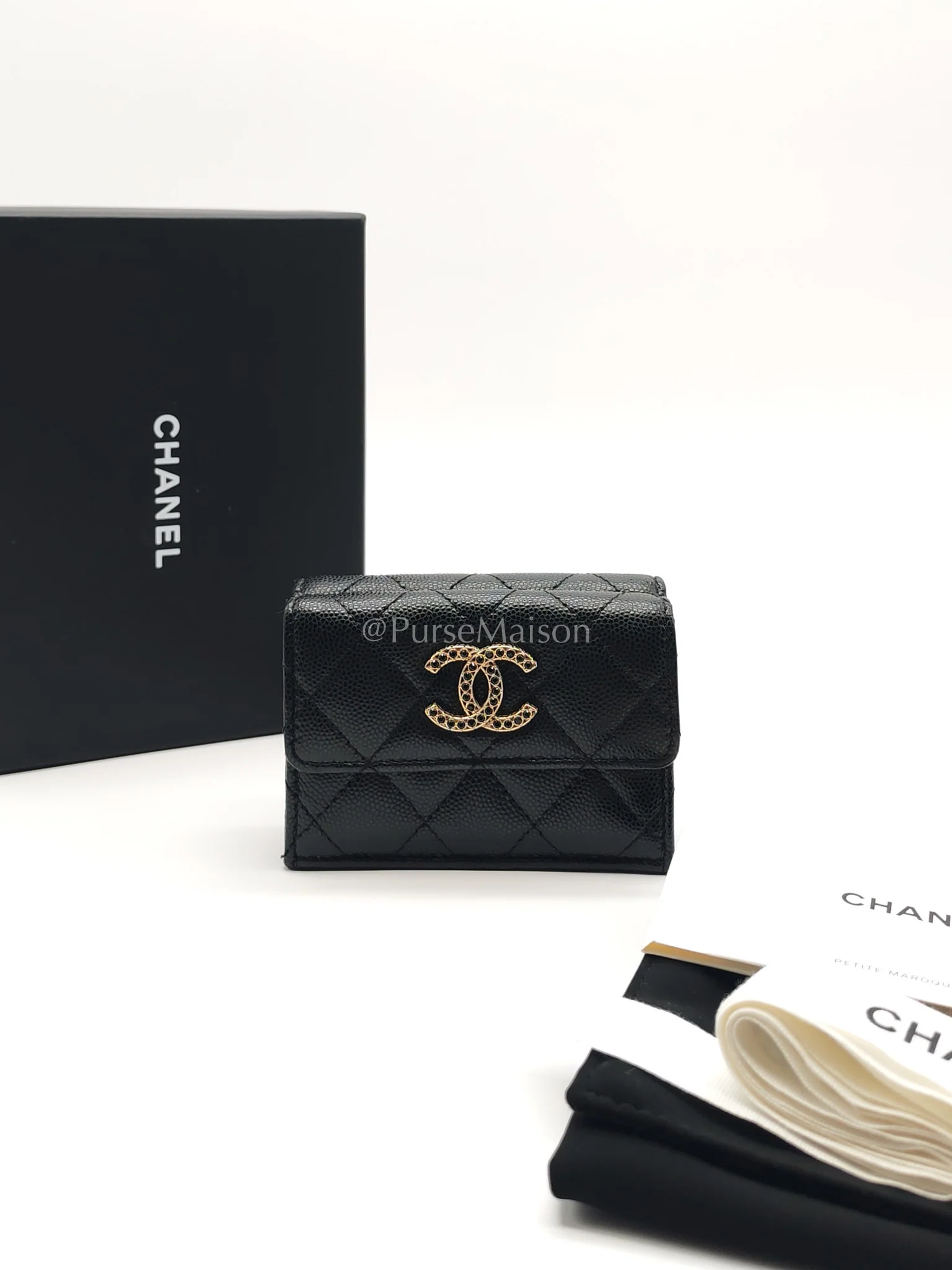 Chanel Tri-Fold Flap Wallet in Black Quilted Caviar Leather and Crystal Enamel CC Logo Microchip - Image 24