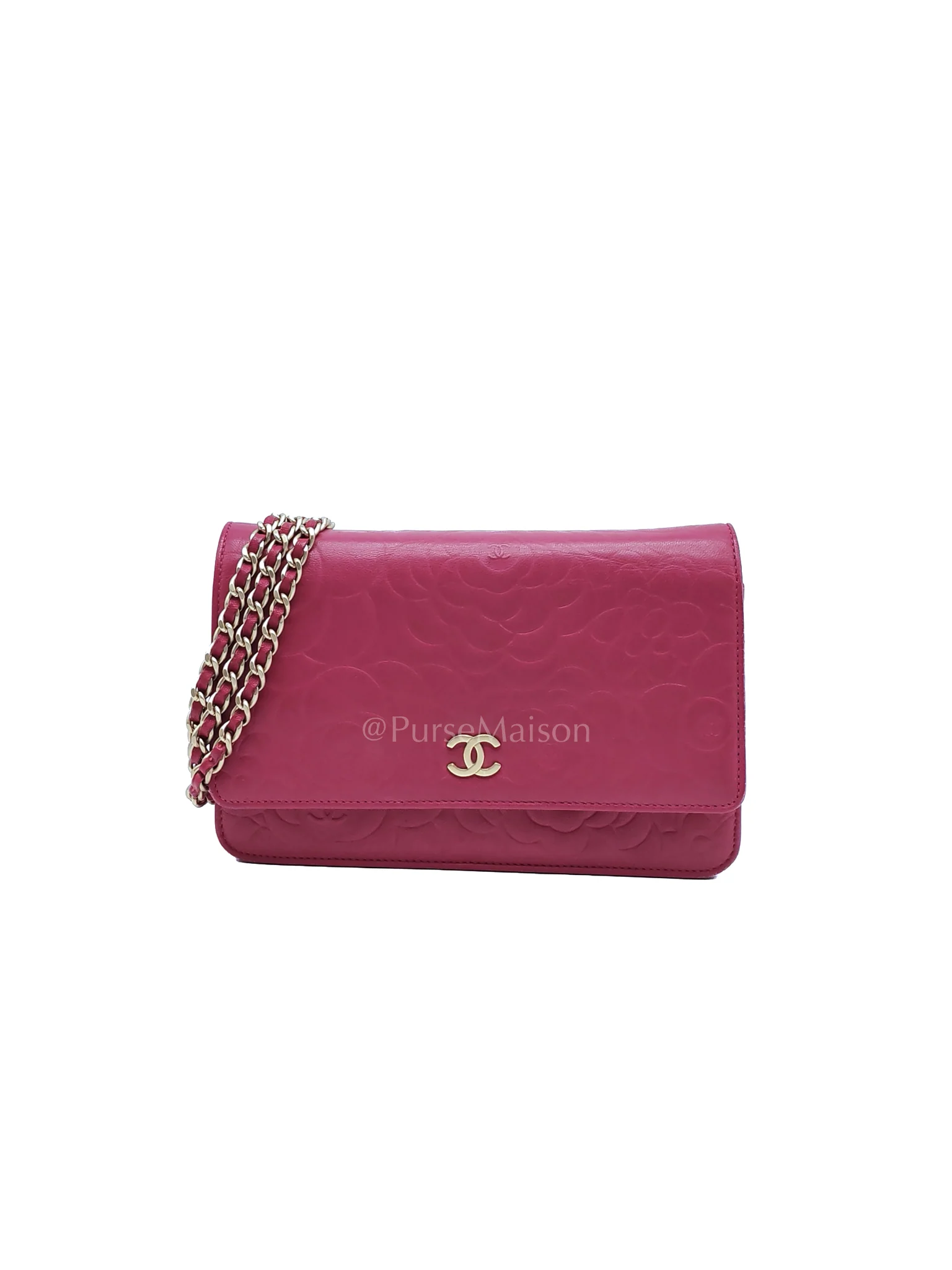 Chanel Wallet On Chain (WOC) Camellia Flap Fuchsia Calfskin and Aged Gold Hardware Series 16
