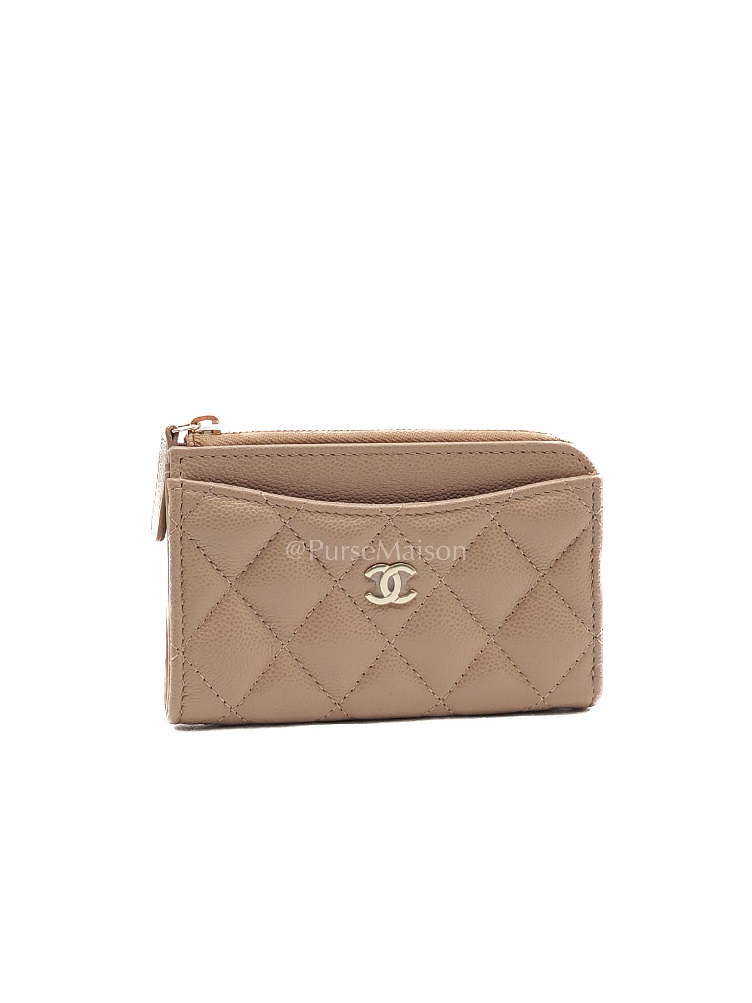 Chanel Zipped Card Holder in Dark Beige Caviar Leather and Light Gold Hardware (Microchip) - Image 2