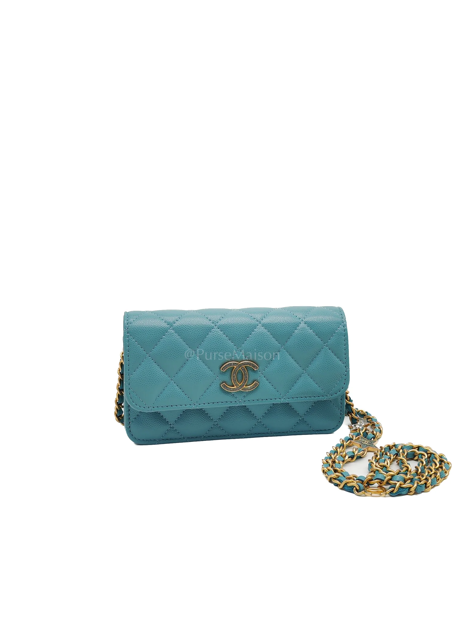 Chanel Charming Phone Holder with Chain in Teal Blue Caviar Leather & Gold Hardware (Microchip) - Image 2