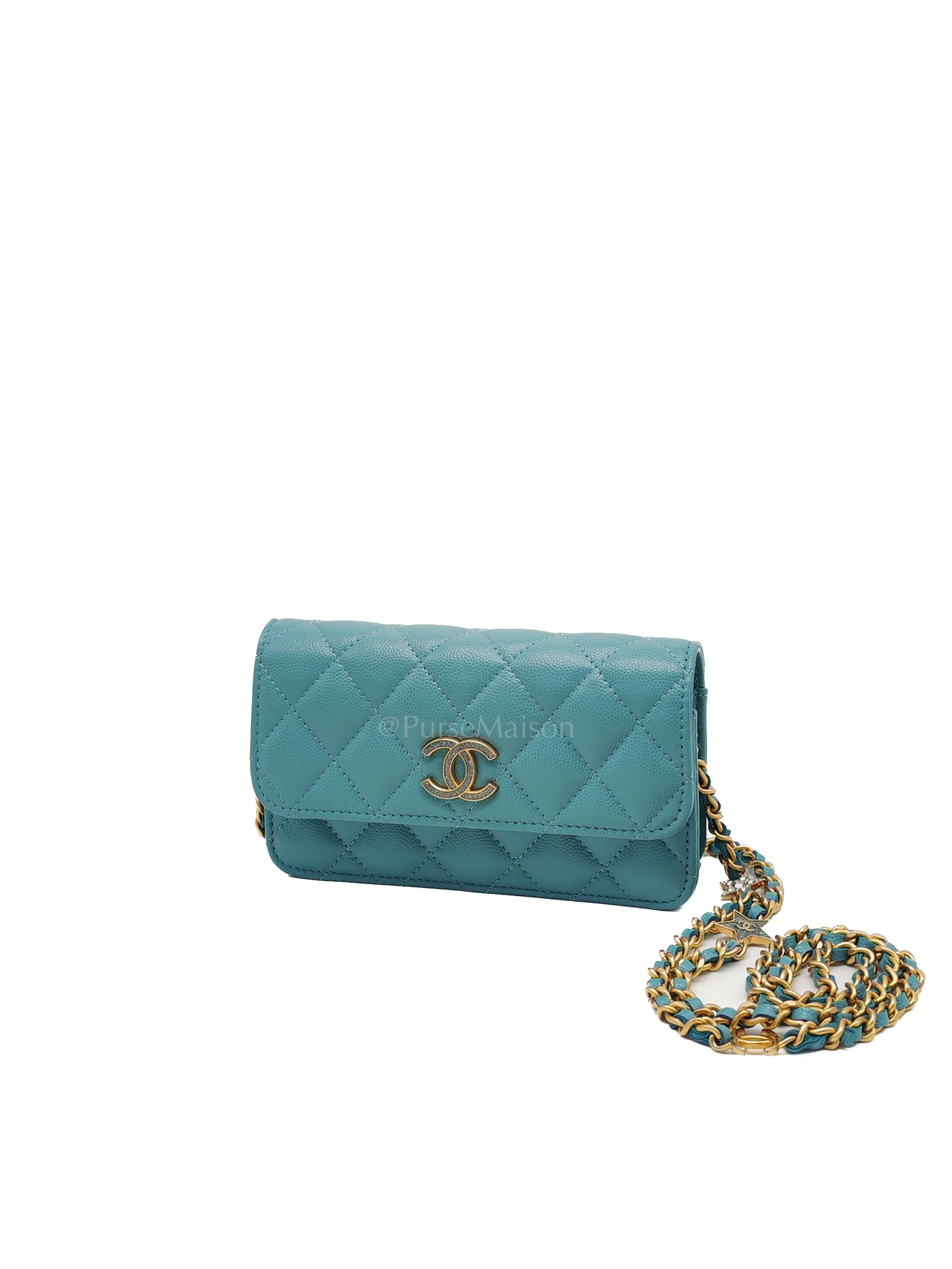 Chanel Charming Phone Holder with Chain in Teal Blue Caviar Leather & Gold Hardware (Microchip) - Image 3