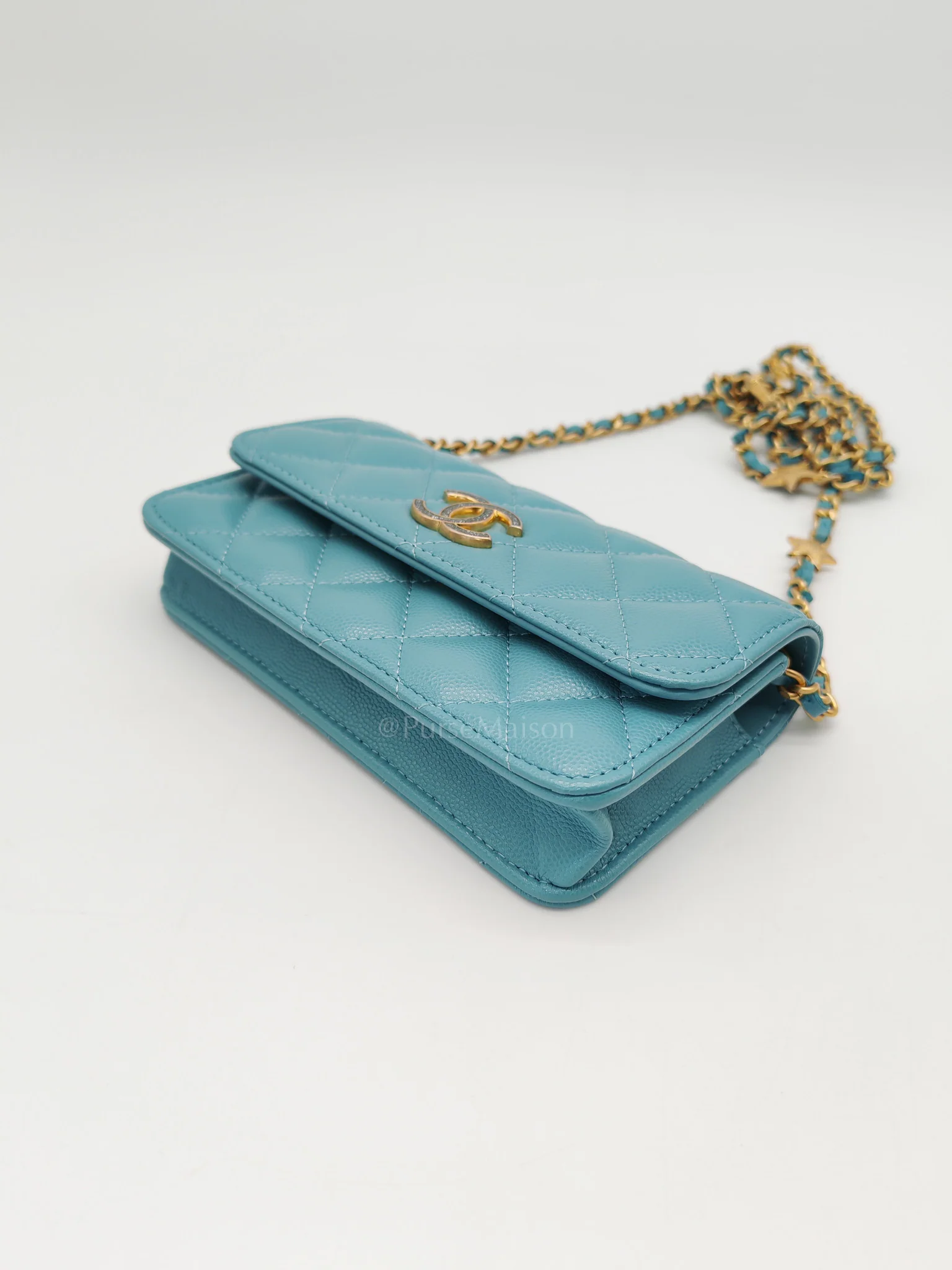 Chanel Charming Phone Holder with Chain in Teal Blue Caviar Leather & Gold Hardware (Microchip) - Image 9