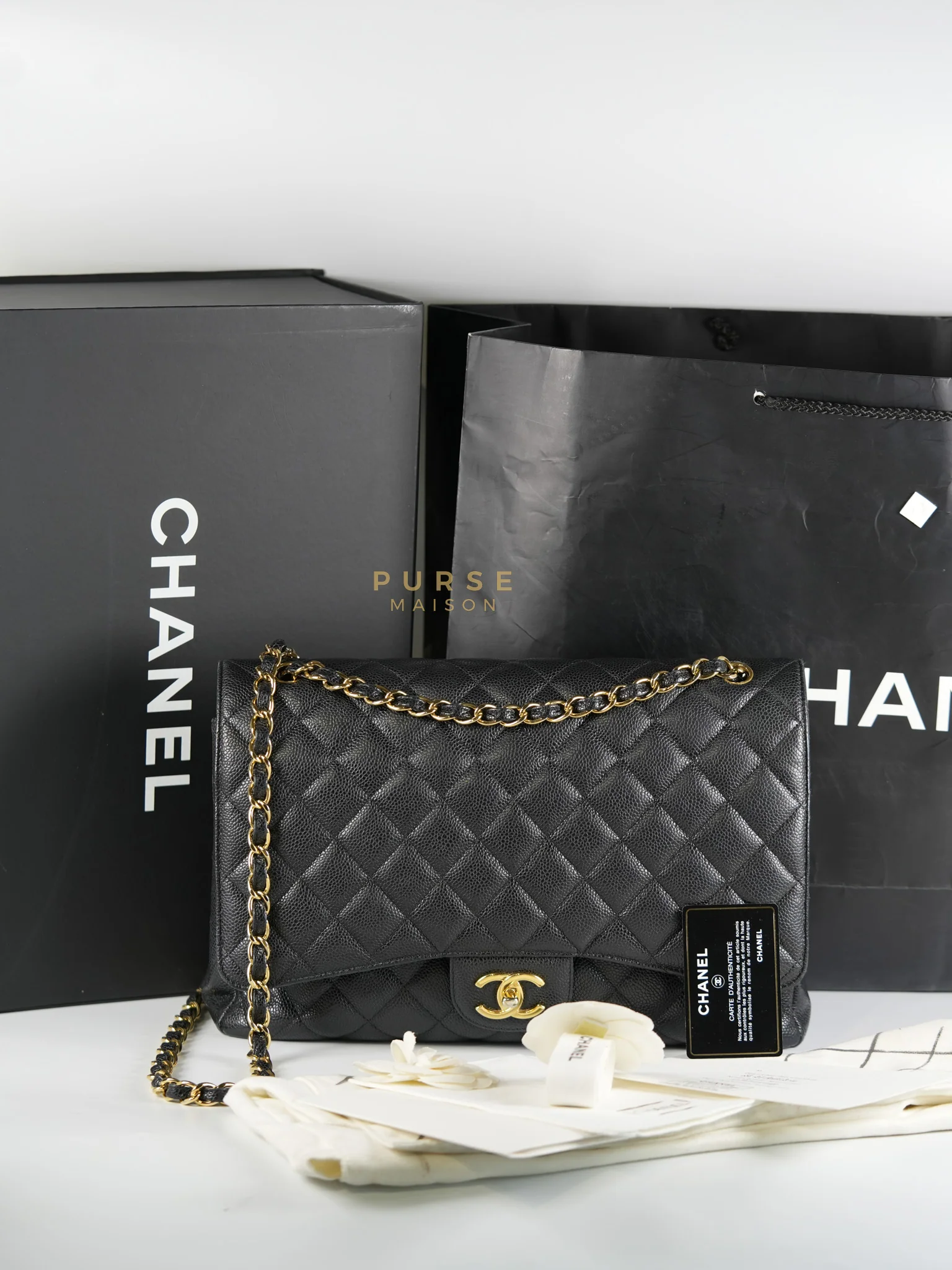 Chanel Classic Double Flap Maxi in Black Caviar Leather & Gold Hardware (Series 19) - Image 100
