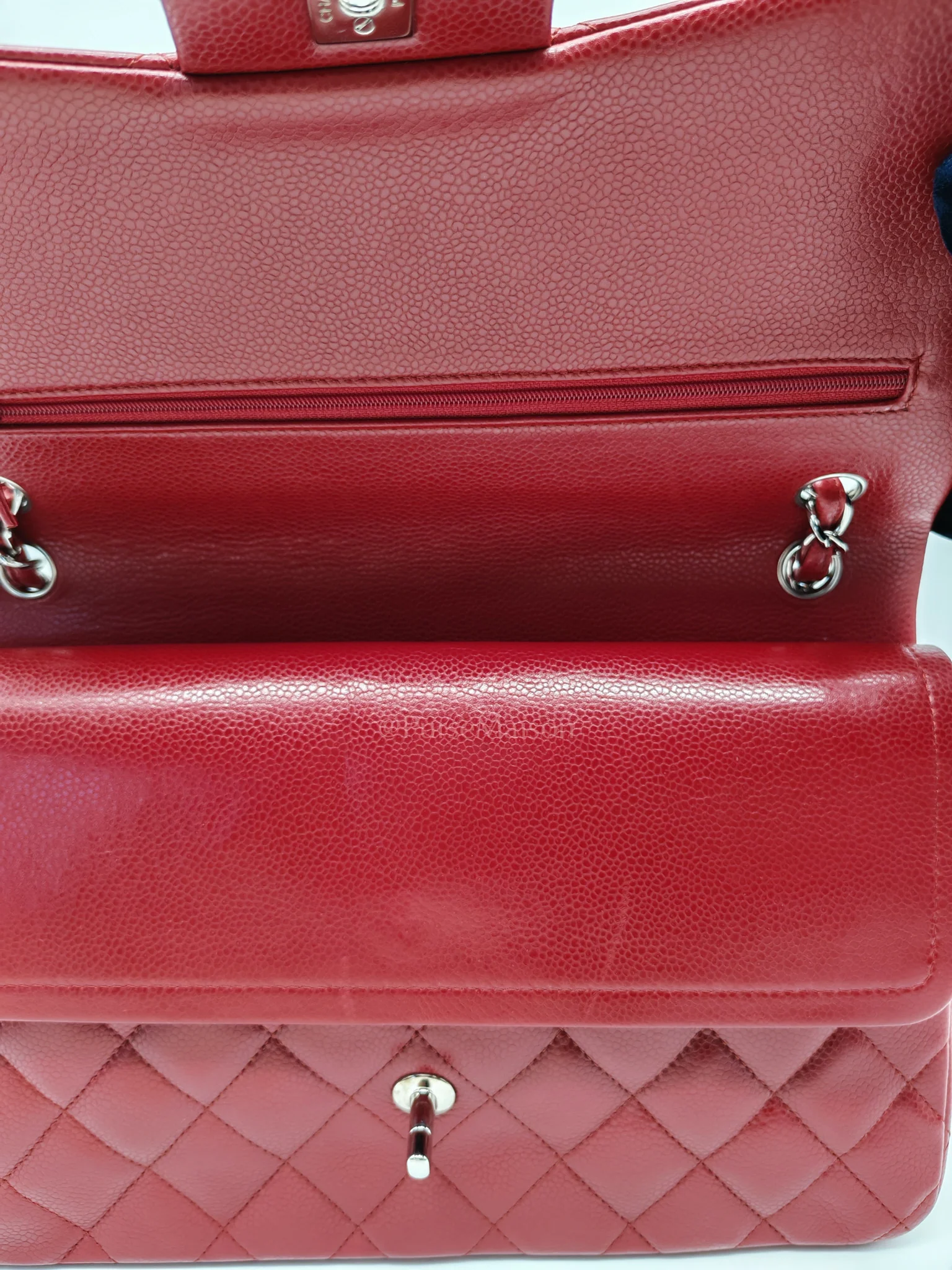 Chanel Classic Double Flap Jumbo in Red Quilted Caviar Leather and Silver Hardware Series 16 - Image 15