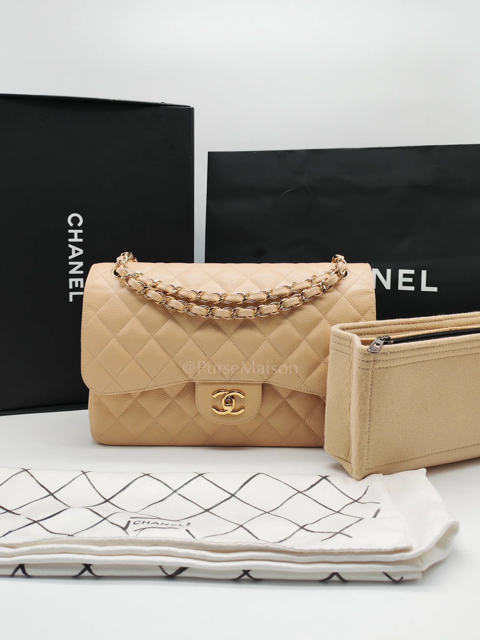 Chanel Classic Double Flap Jumbo Beige Caviar Leather on Gold Hardware (Series 19) - Image 33