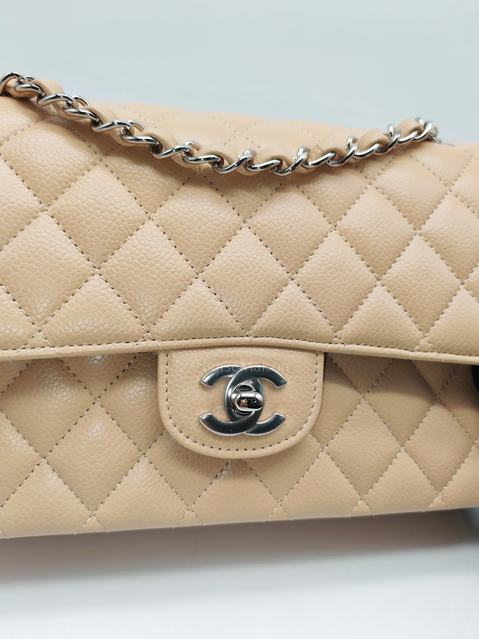 Chanel Classic Double Flap Medium in Beige Clair Quilted Caviar Leather & Silver Hardware Microchip - Image 13