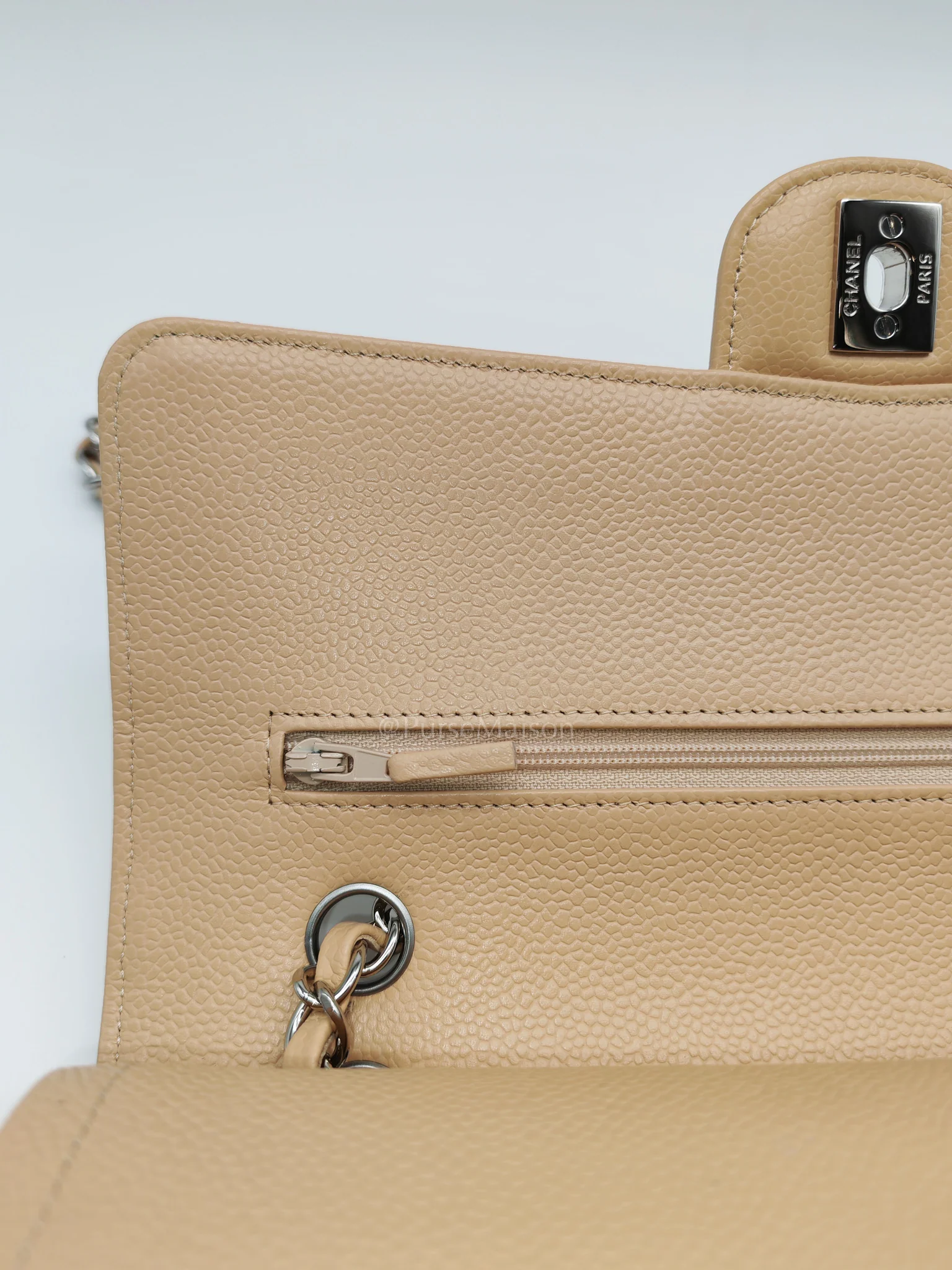 Chanel Classic Double Flap Medium in Beige Clair Quilted Caviar Leather & Silver Hardware Microchip - Image 14
