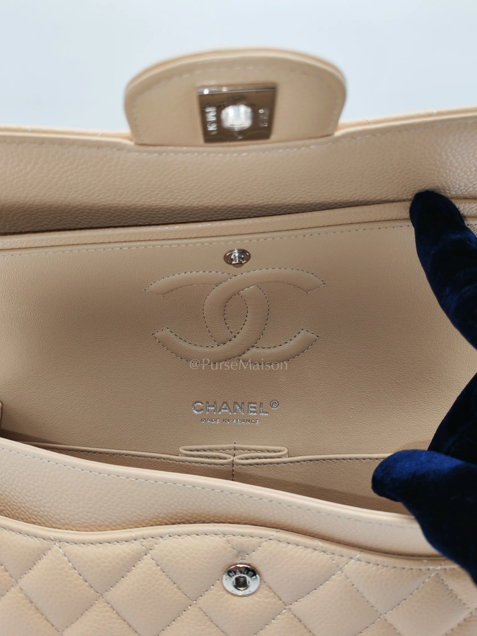 Chanel Classic Double Flap Medium in Beige Clair Quilted Caviar Leather & Silver Hardware Microchip - Image 15