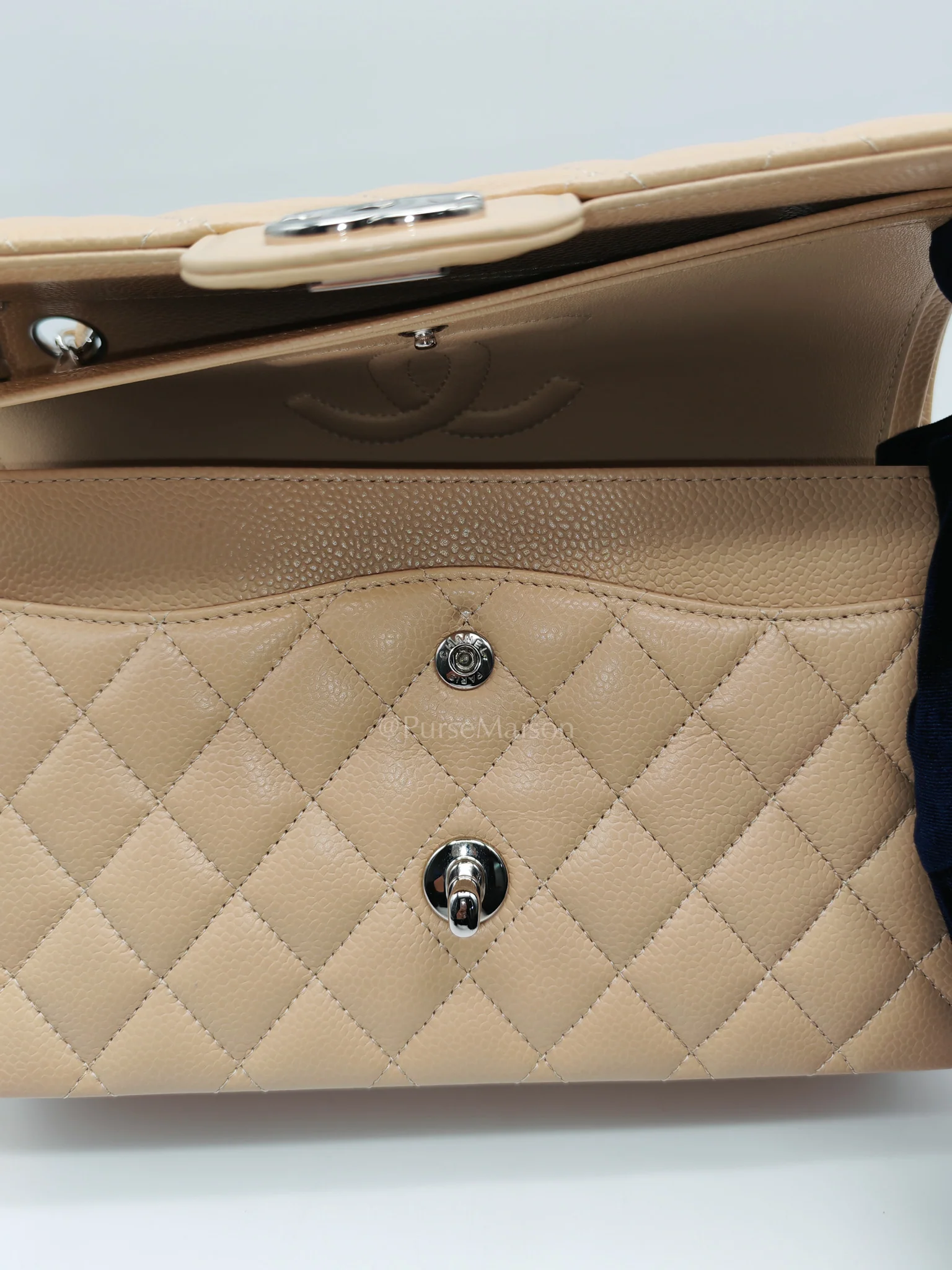 Chanel Classic Double Flap Medium in Beige Clair Quilted Caviar Leather & Silver Hardware Microchip - Image 17