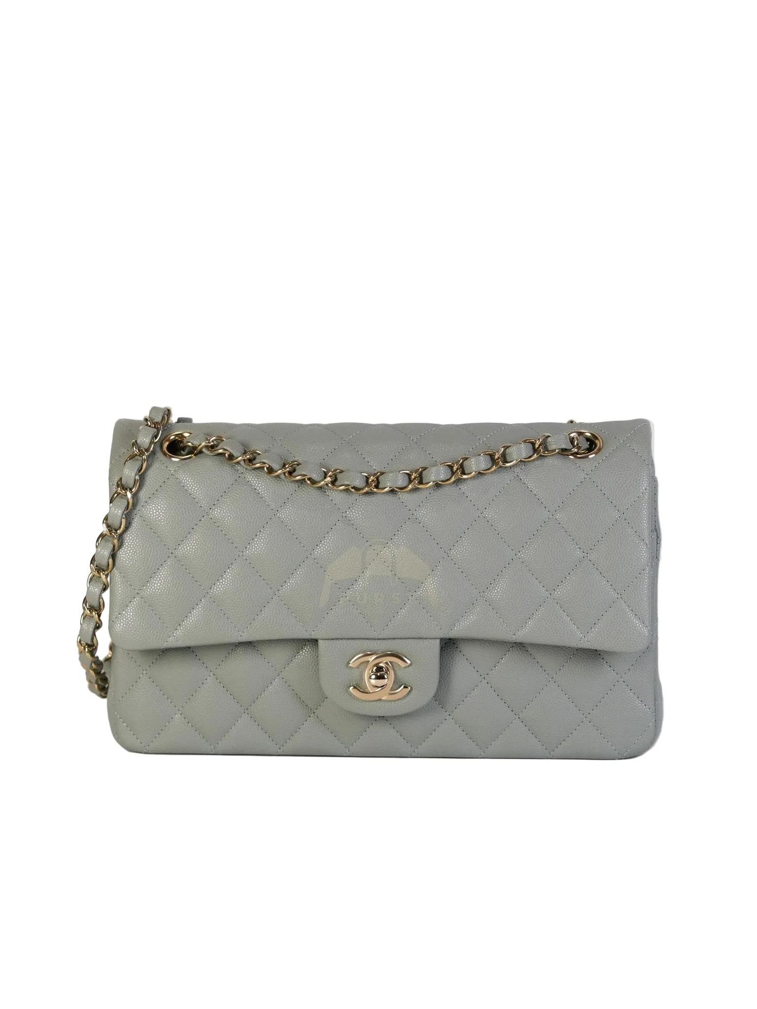 Chanel Classic Double Flap Medium in Mint Green Quilted Caviar Leather & Light Gold Hardware Microchip