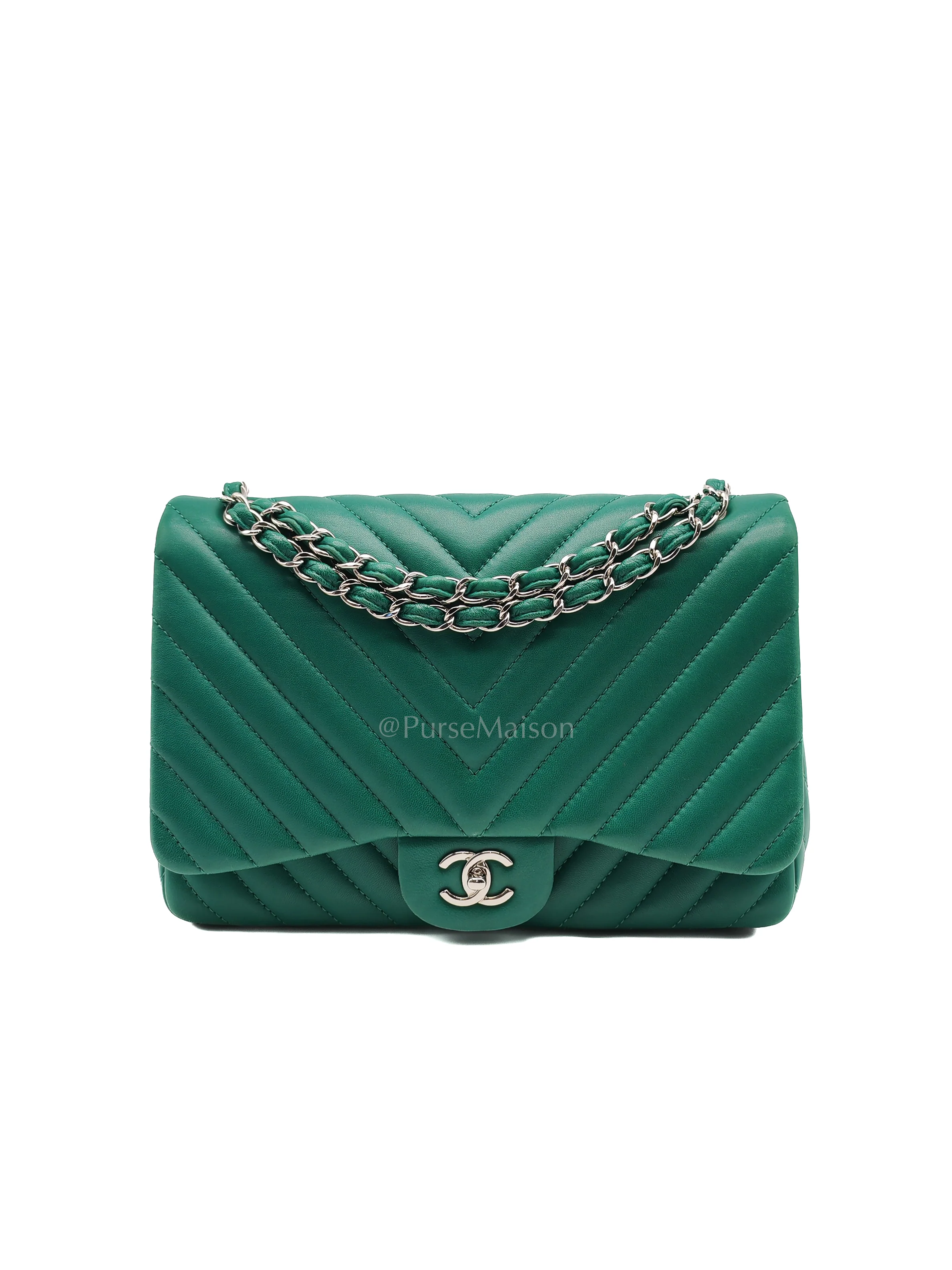 Chanel Classic Single Flap in Green Chevron Lambskin Leather & Silver Hardware (Series 13)