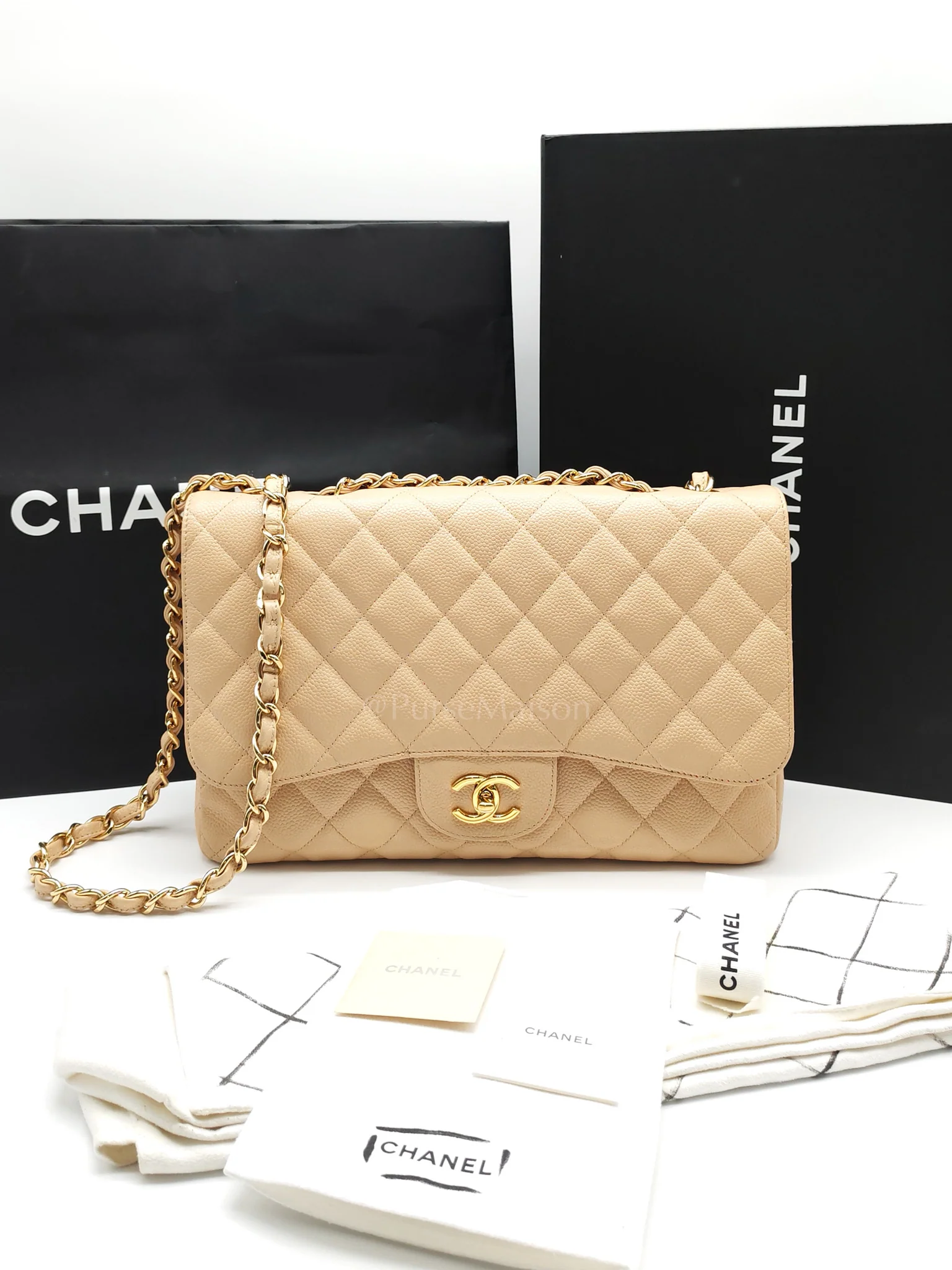 Chanel Classic Single Flap Jumbo Clair Beige Caviar Leather in Gold Hardware (Series 13) - Image 29