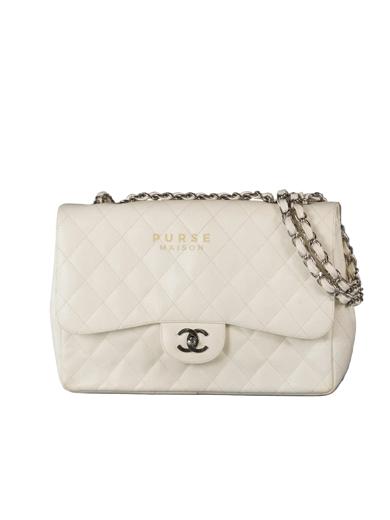 Chanel Classic Single Flap Jumbo in White Caviar Leather & Silver Hardware Series 10 - Image 3