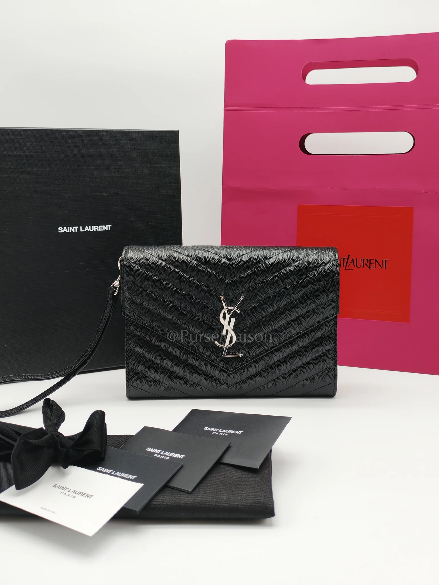 Yves Saint Laurent Cassandre Matelasse Flap Clutch in Black Grained Calfskin Leather - Image 23