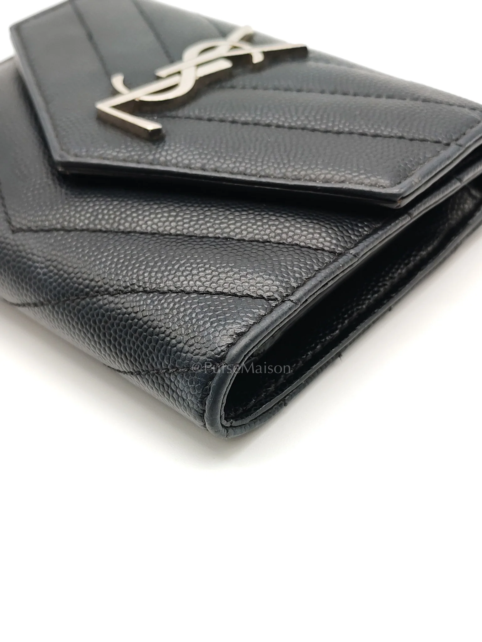 Yves Saint Laurent Compact Tri-fold Wallet In Black Grain de Poudre Embossed Leather & Silver Hardware - Image 10