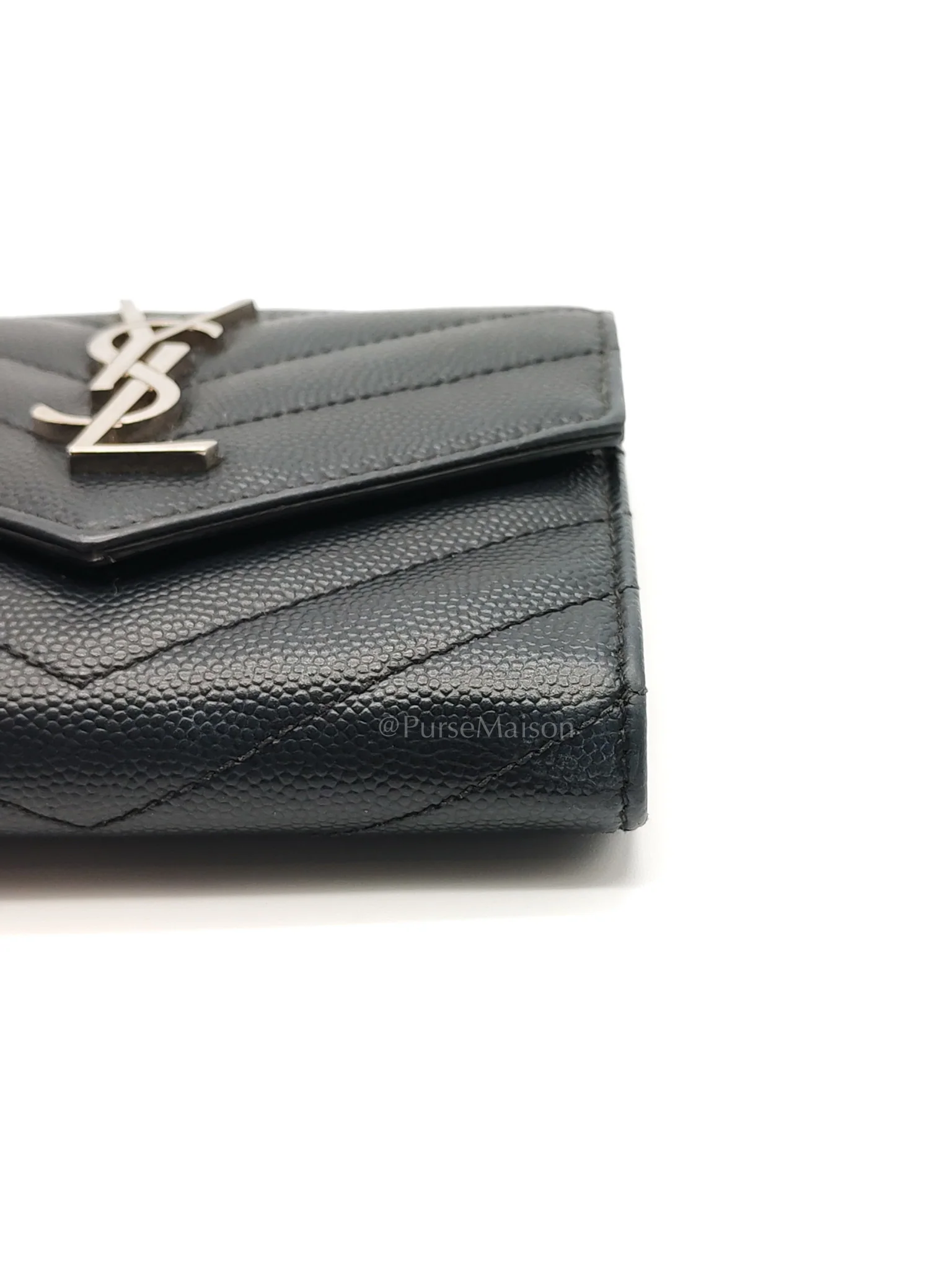 Yves Saint Laurent Compact Tri-fold Wallet In Black Grain de Poudre Embossed Leather & Silver Hardware - Image 11