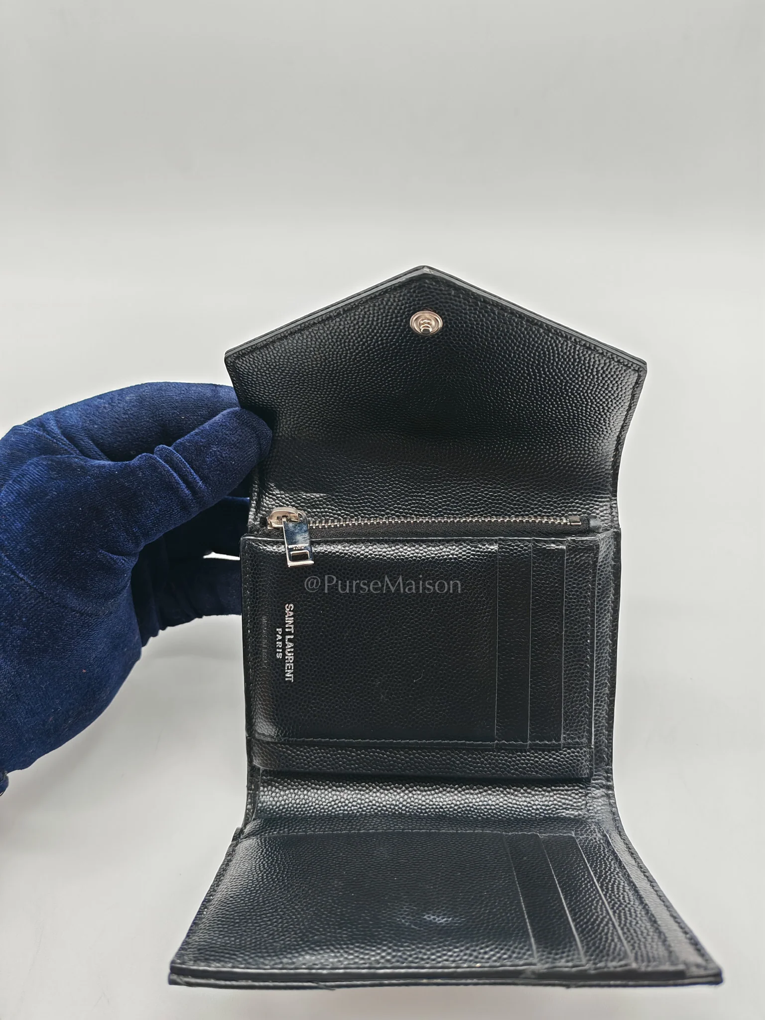Yves Saint Laurent Compact Tri-fold Wallet In Black Grain de Poudre Embossed Leather & Silver Hardware - Image 22
