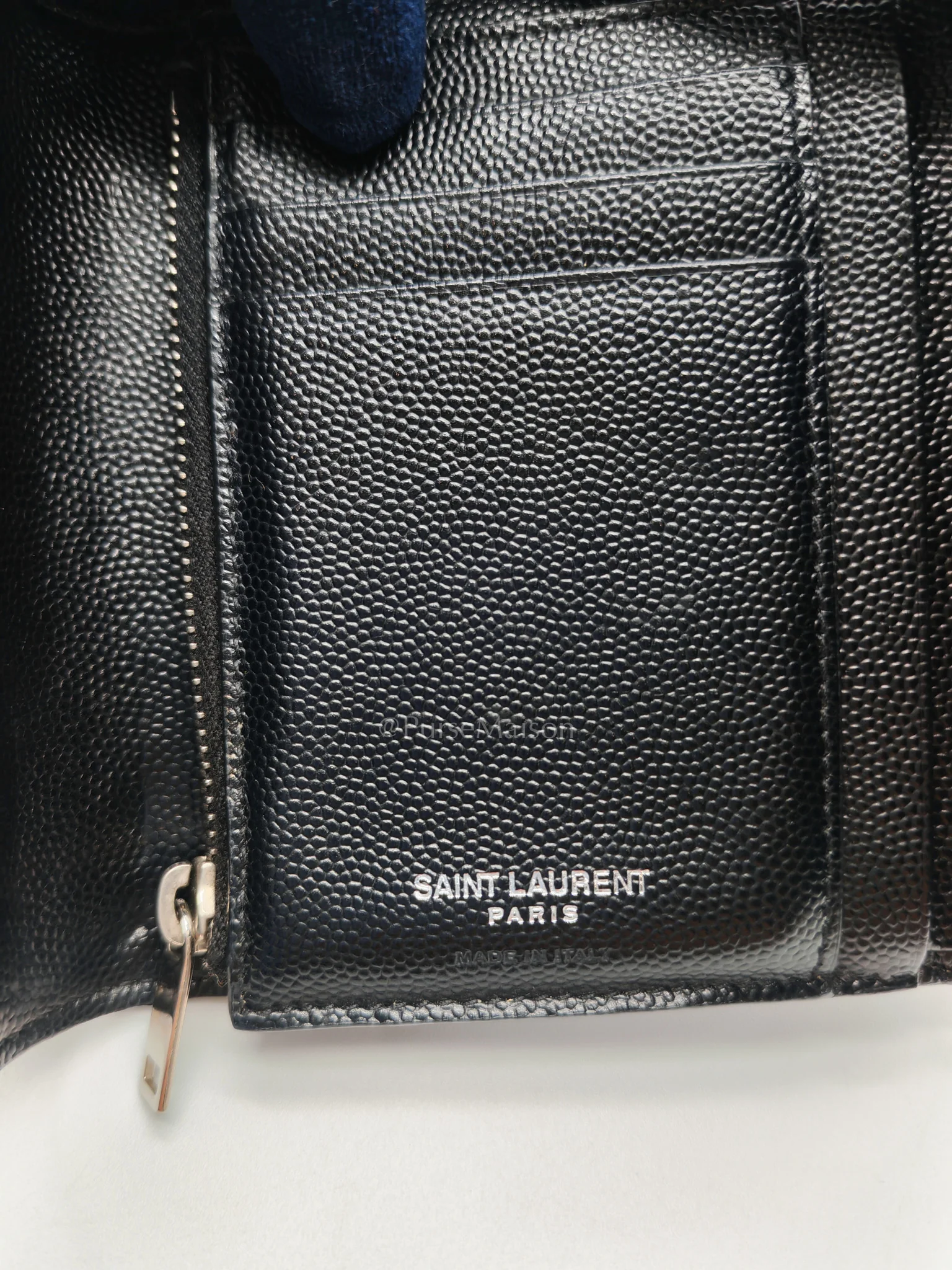 Yves Saint Laurent Compact Tri-fold Wallet In Black Grain de Poudre Embossed Leather & Silver Hardware - Image 23
