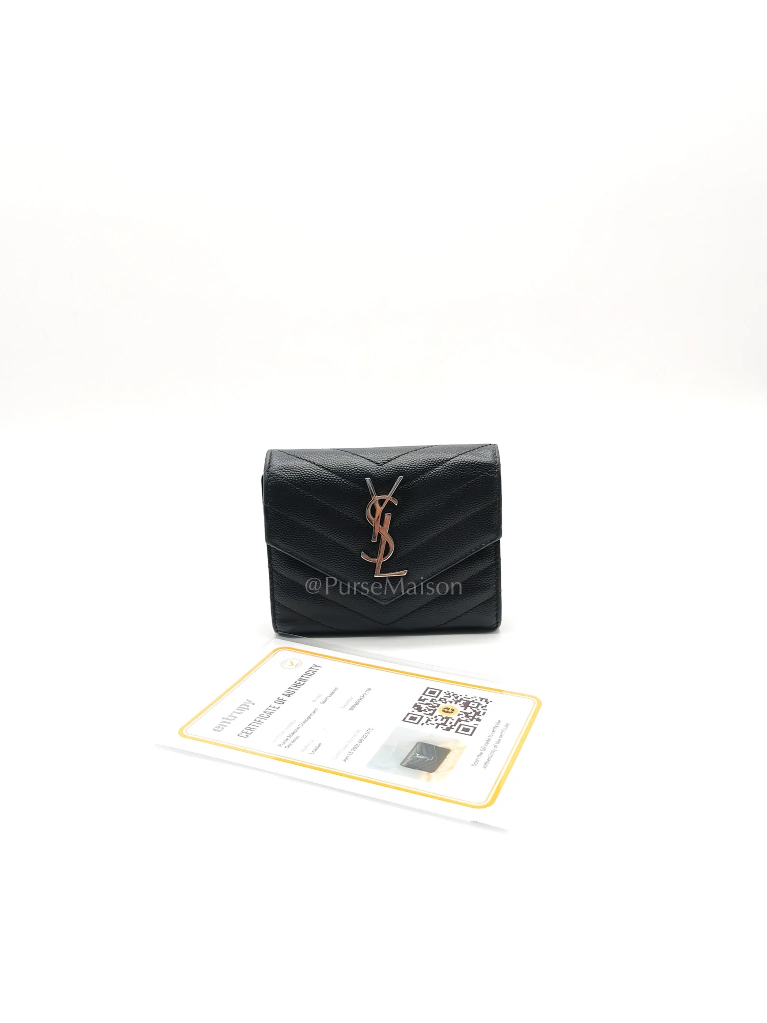 Yves Saint Laurent Compact Tri-fold Wallet In Black Grain de Poudre Embossed Leather & Silver Hardware - Image 34
