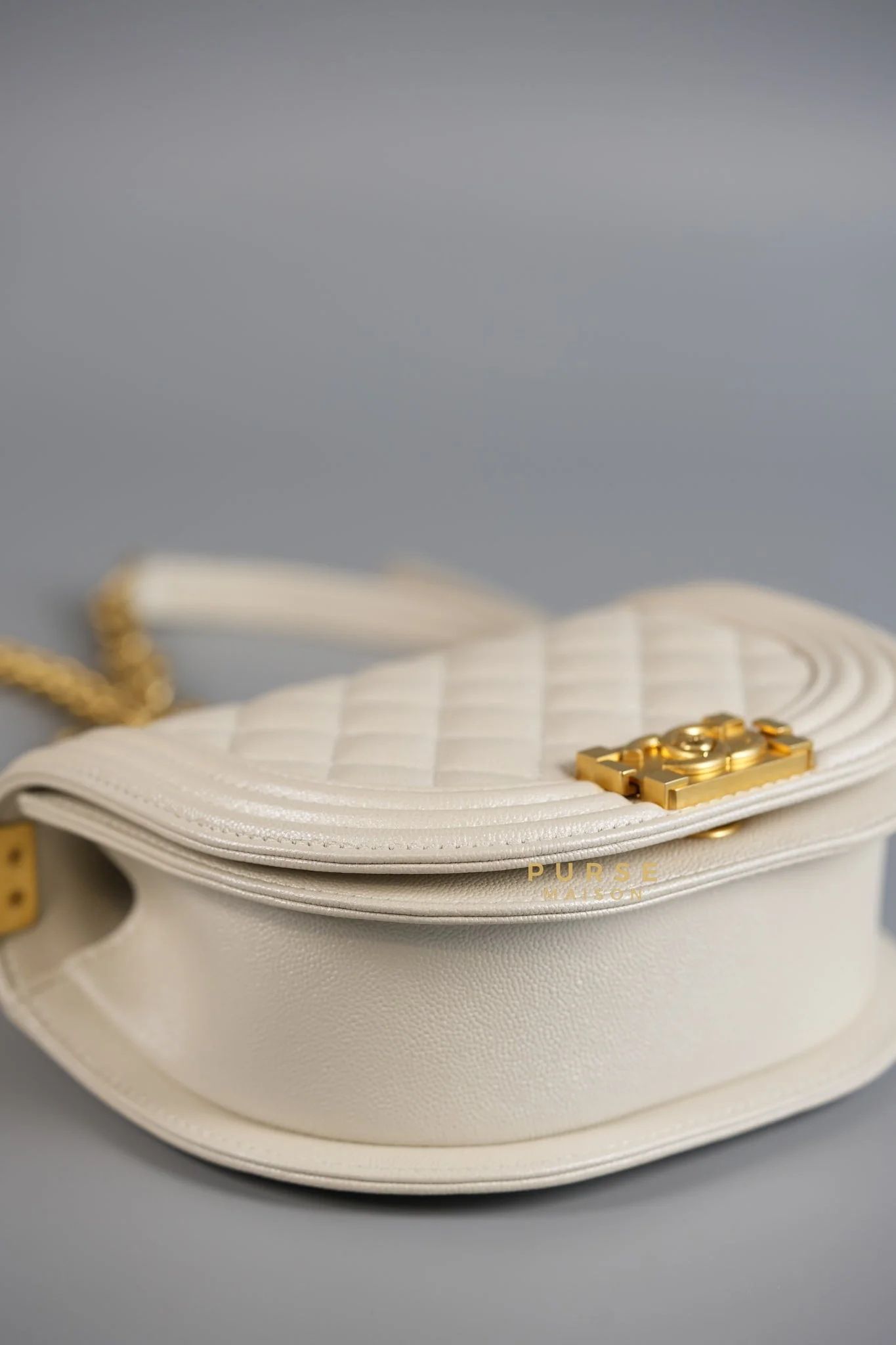 Chanel Boy Crescent Messenger Small Bag in Iridescent White Caviar & Aged Gold Hardware (Microchip) - Image 10