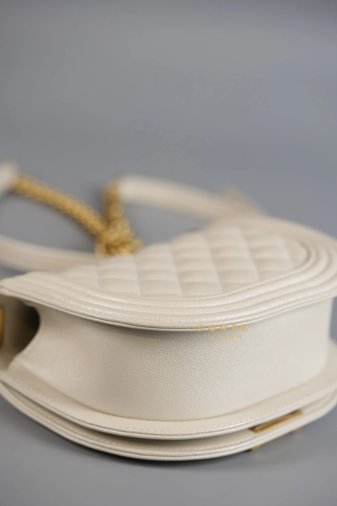 Chanel Boy Crescent Messenger Small Bag in Iridescent White Caviar & Aged Gold Hardware (Microchip) - Image 11