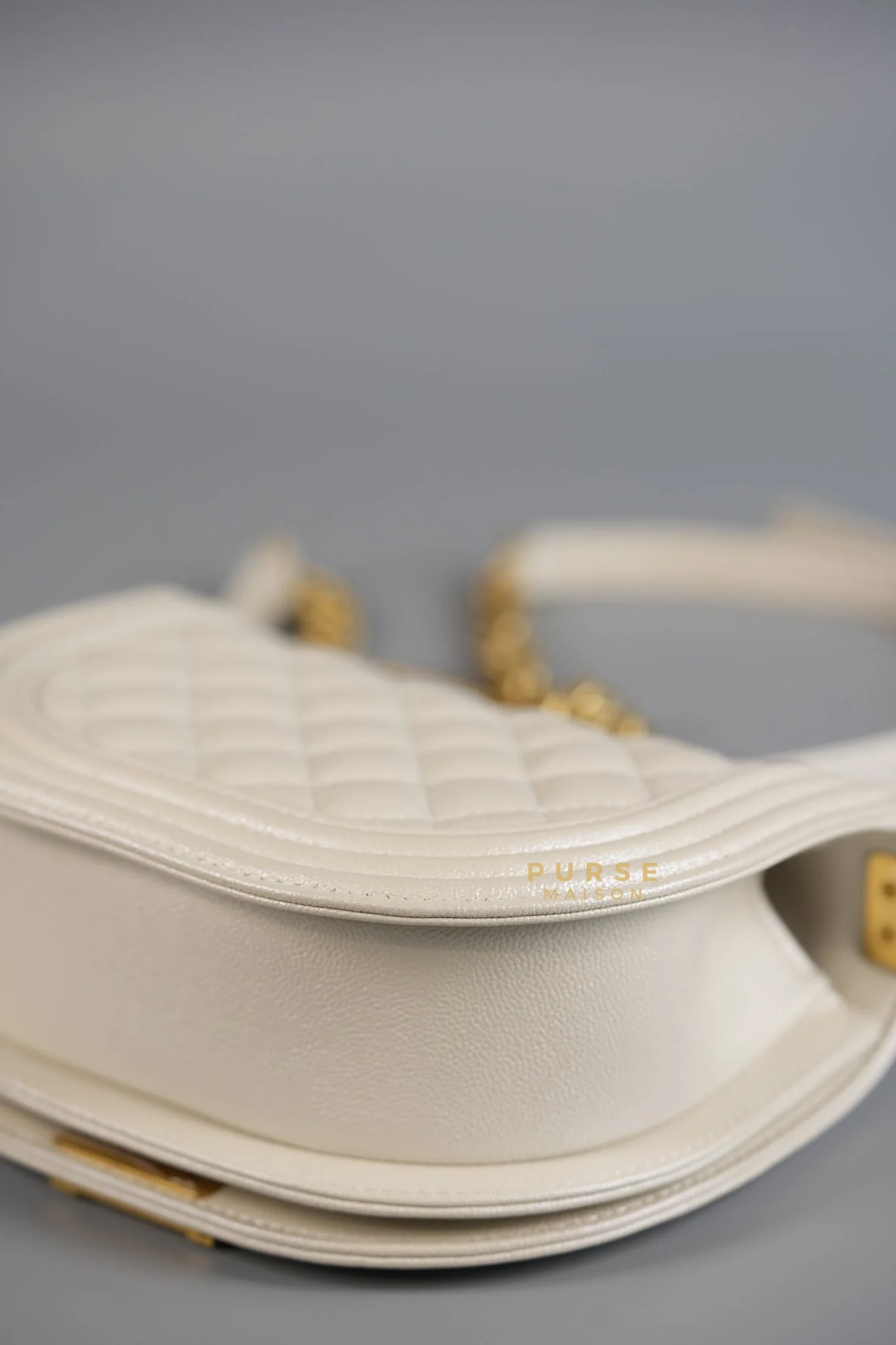Chanel Boy Crescent Messenger Small Bag in Iridescent White Caviar & Aged Gold Hardware (Microchip) - Image 12