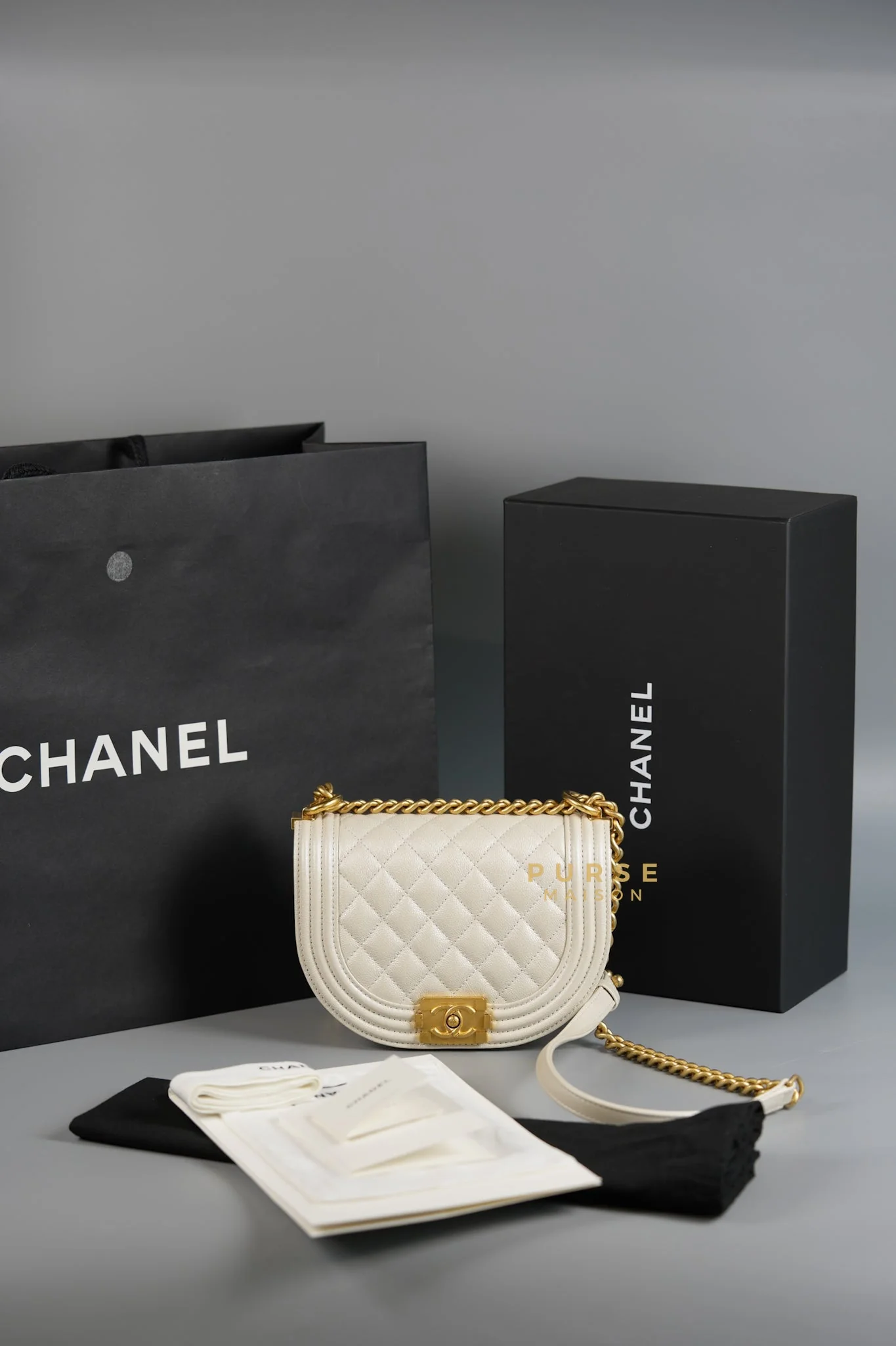 Chanel Boy Crescent Messenger Small Bag in Iridescent White Caviar & Aged Gold Hardware (Microchip) - Image 20