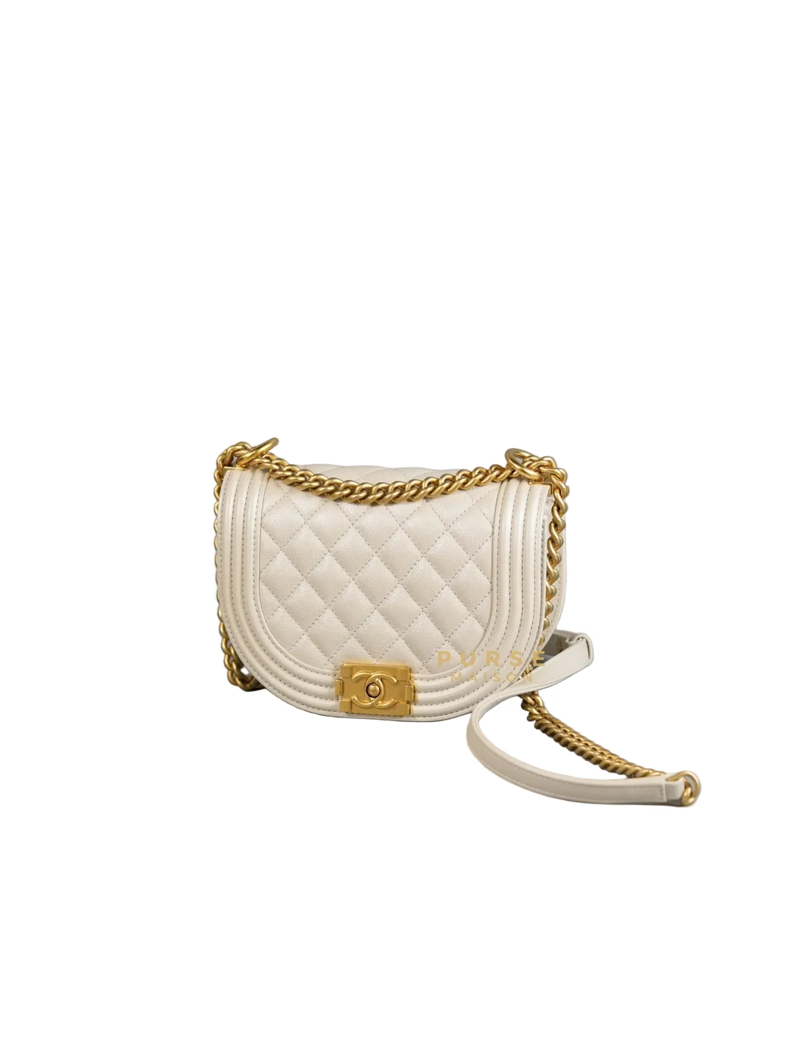 Chanel Boy Crescent Messenger Small Bag in Iridescent White Caviar & Aged Gold Hardware (Microchip) - Image 3
