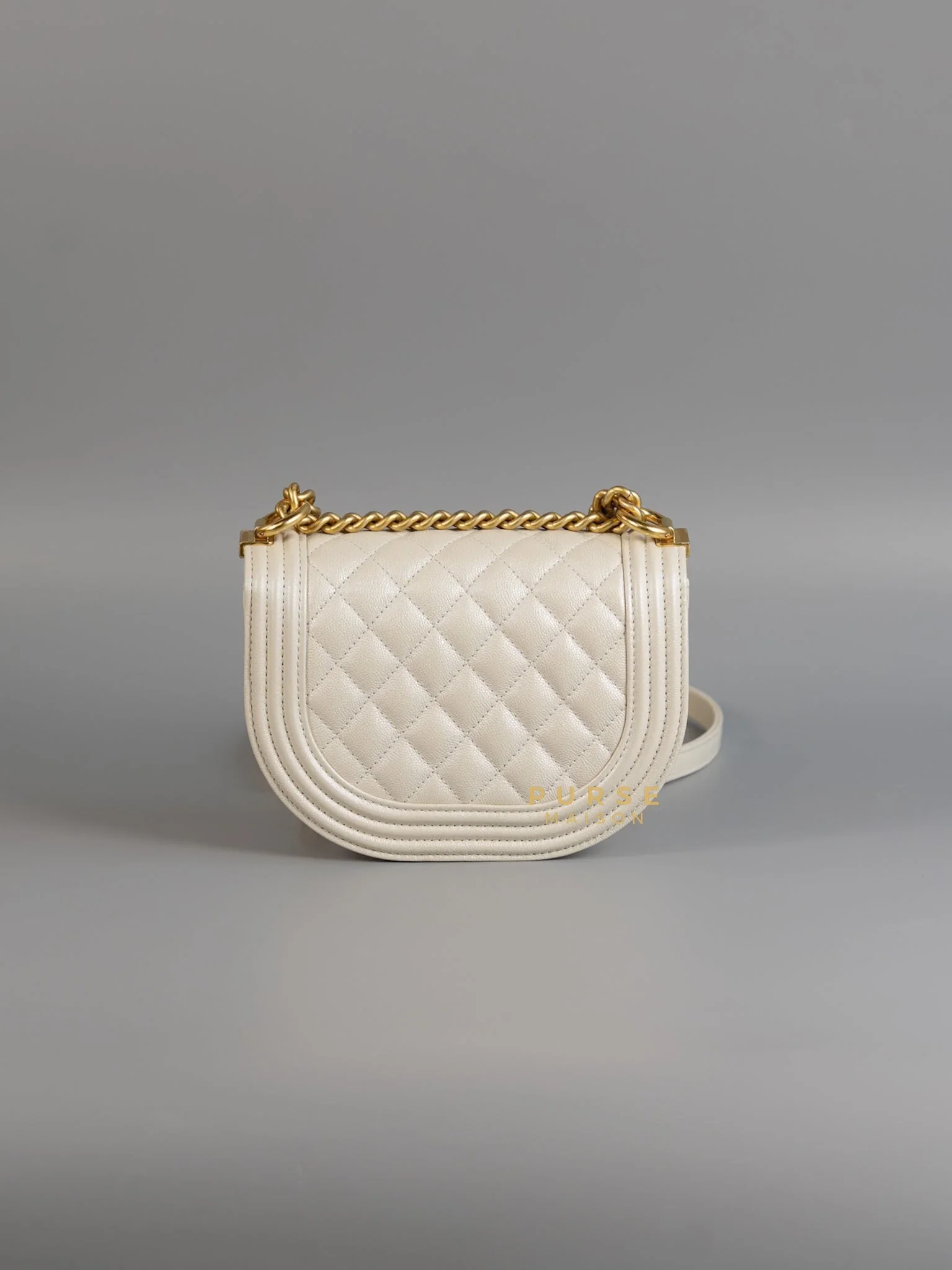 Chanel Boy Crescent Messenger Small Bag in Iridescent White Caviar & Aged Gold Hardware (Microchip) - Image 4