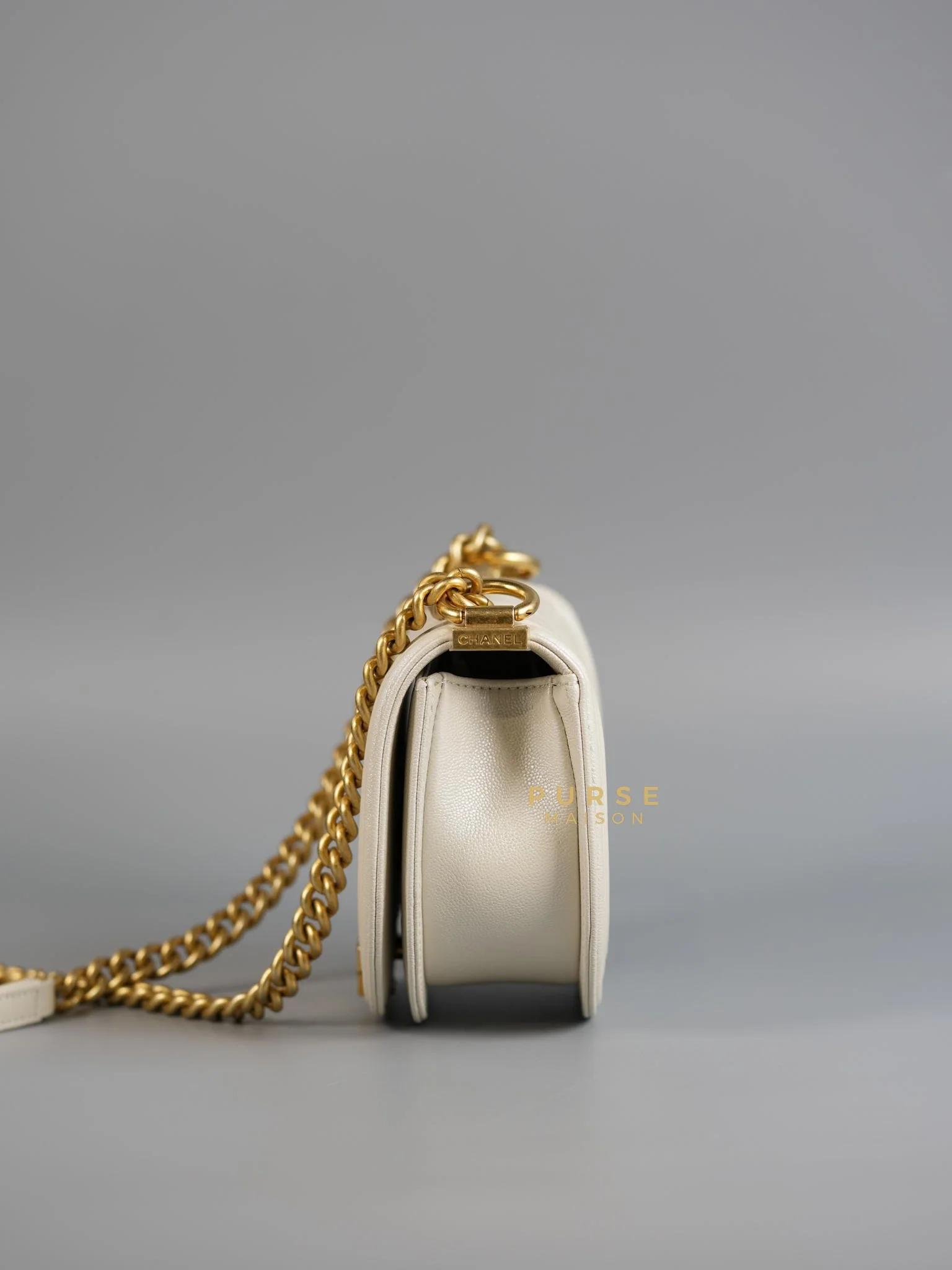 Chanel Boy Crescent Messenger Small Bag in Iridescent White Caviar & Aged Gold Hardware (Microchip) - Image 5