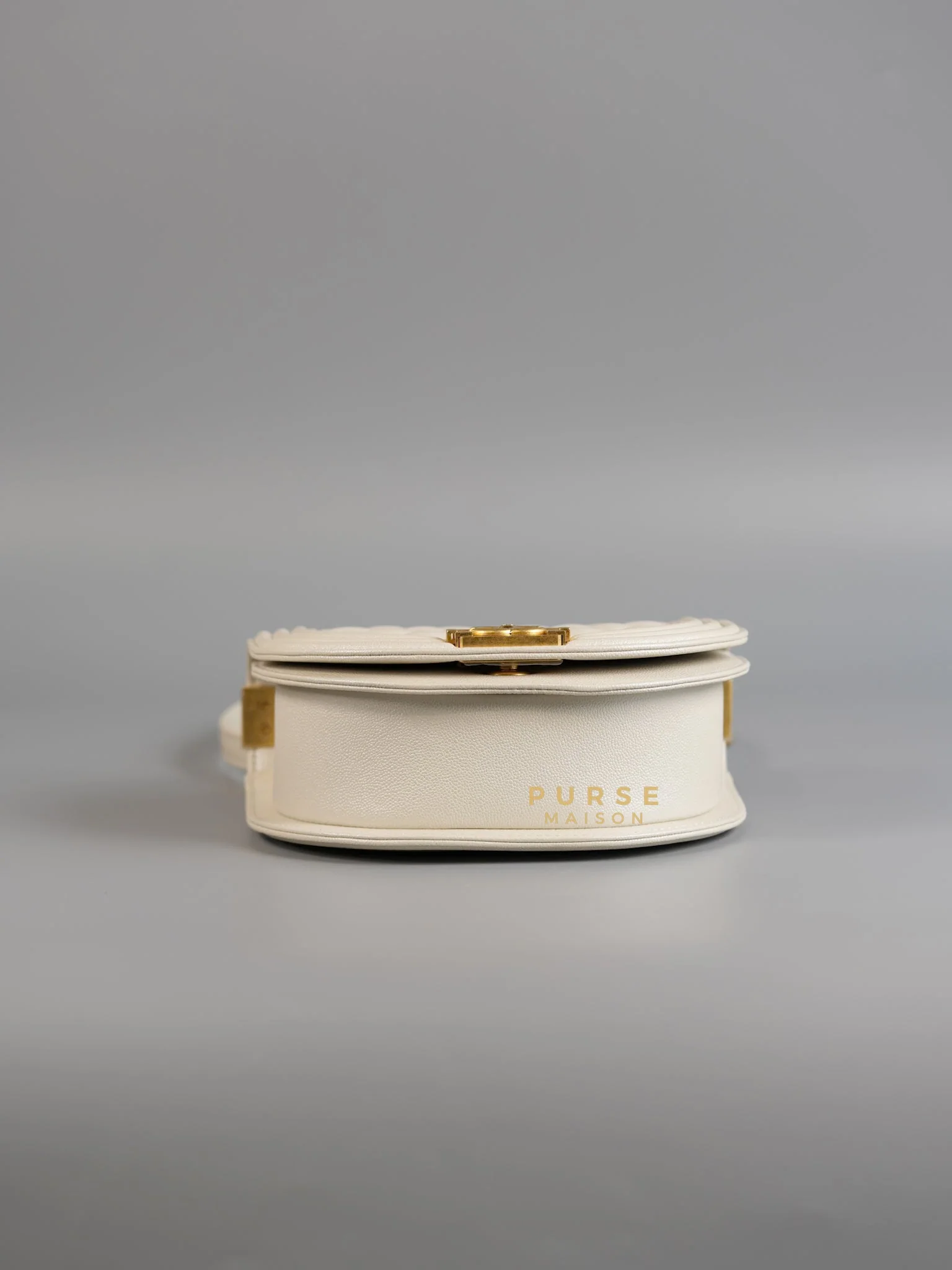 Chanel Boy Crescent Messenger Small Bag in Iridescent White Caviar & Aged Gold Hardware (Microchip) - Image 7