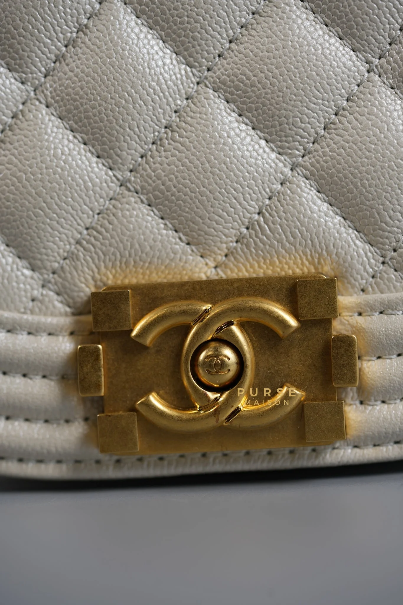 Chanel Boy Crescent Messenger Small Bag in Iridescent White Caviar & Aged Gold Hardware (Microchip) - Image 8