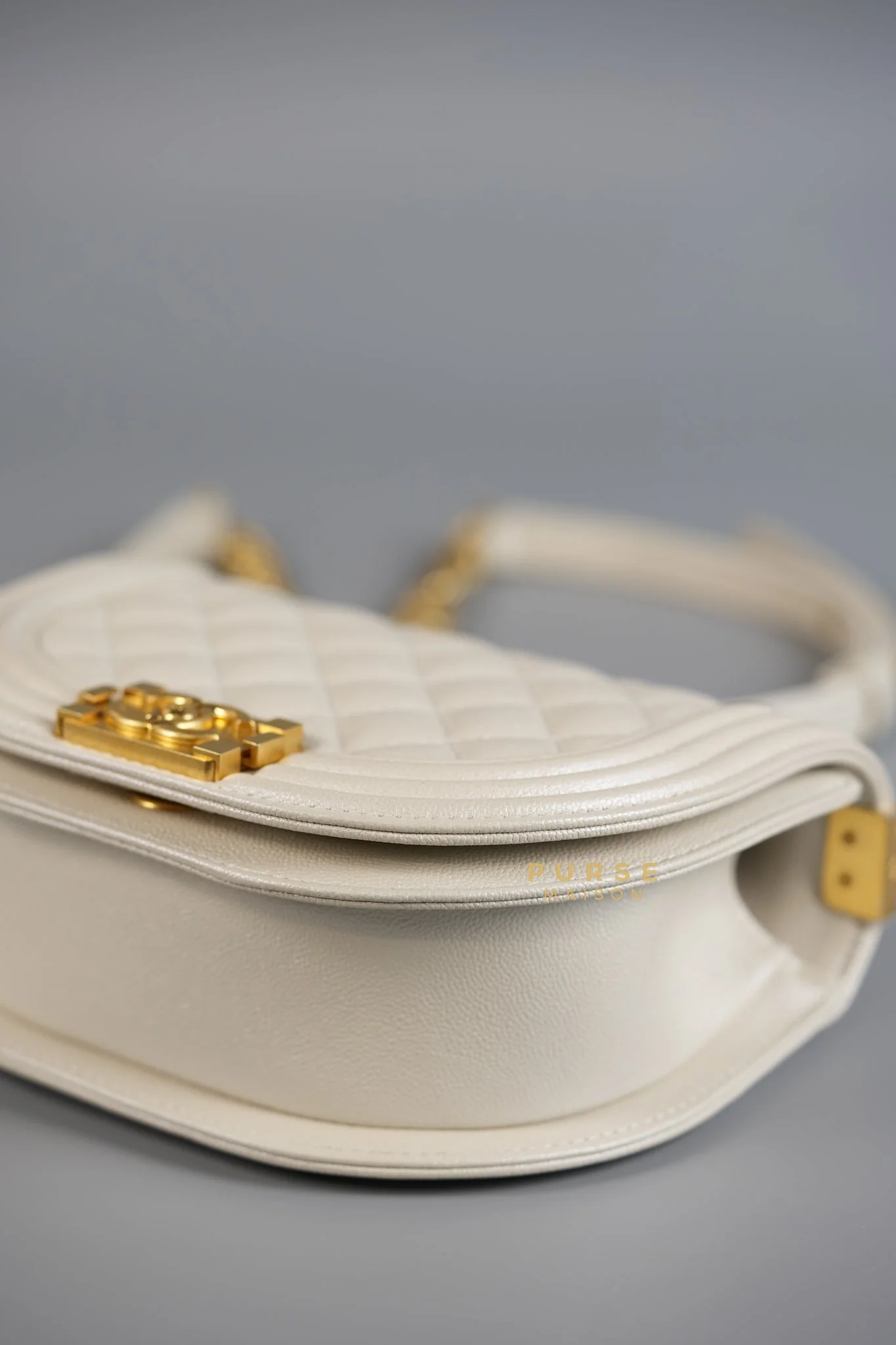 Chanel Boy Crescent Messenger Small Bag in Iridescent White Caviar & Aged Gold Hardware (Microchip) - Image 9
