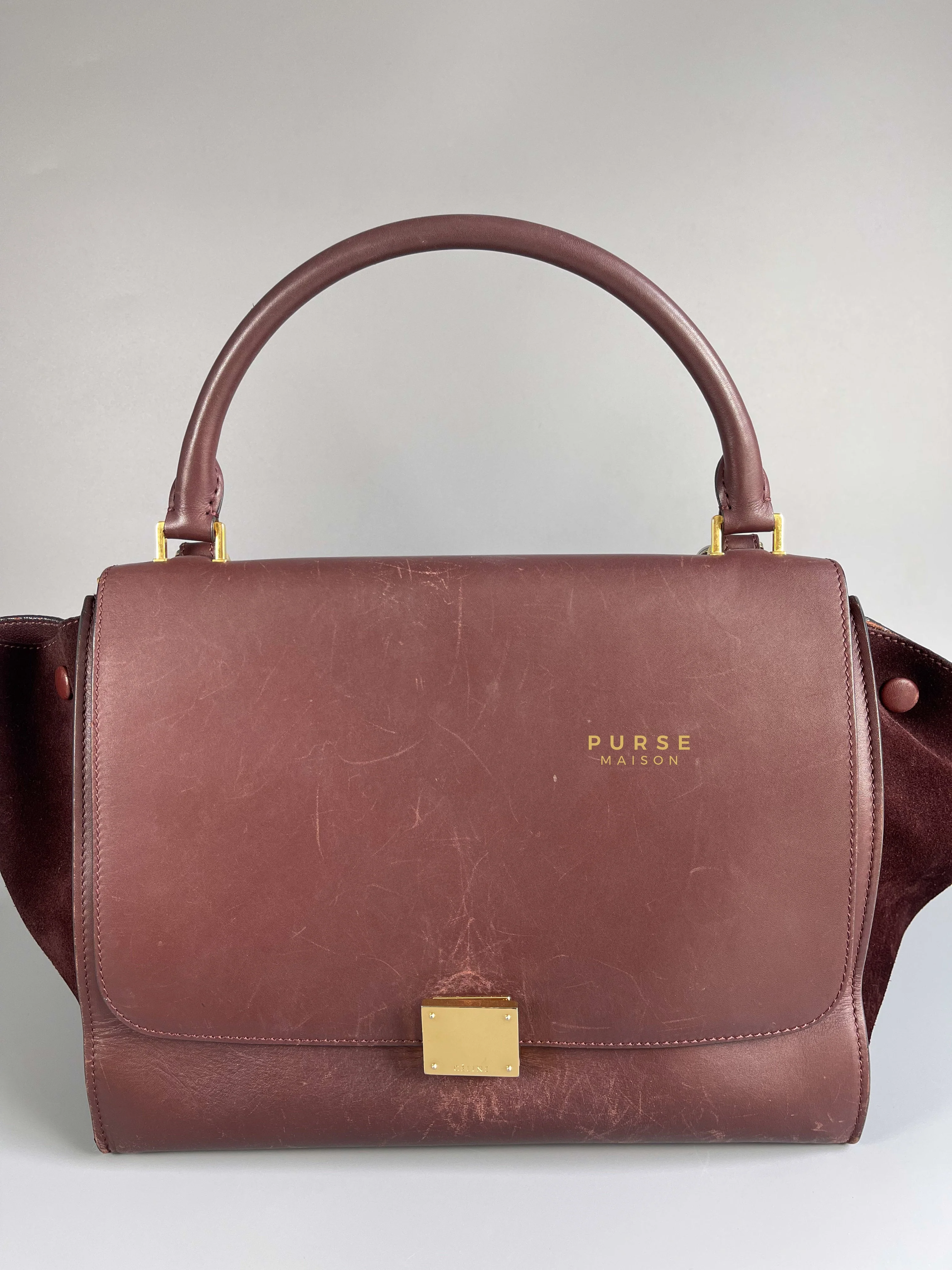 Celine Celine Burgundy Smooth Calfskin Suede Medium Trapeze Long Strap Bag - Image 11
