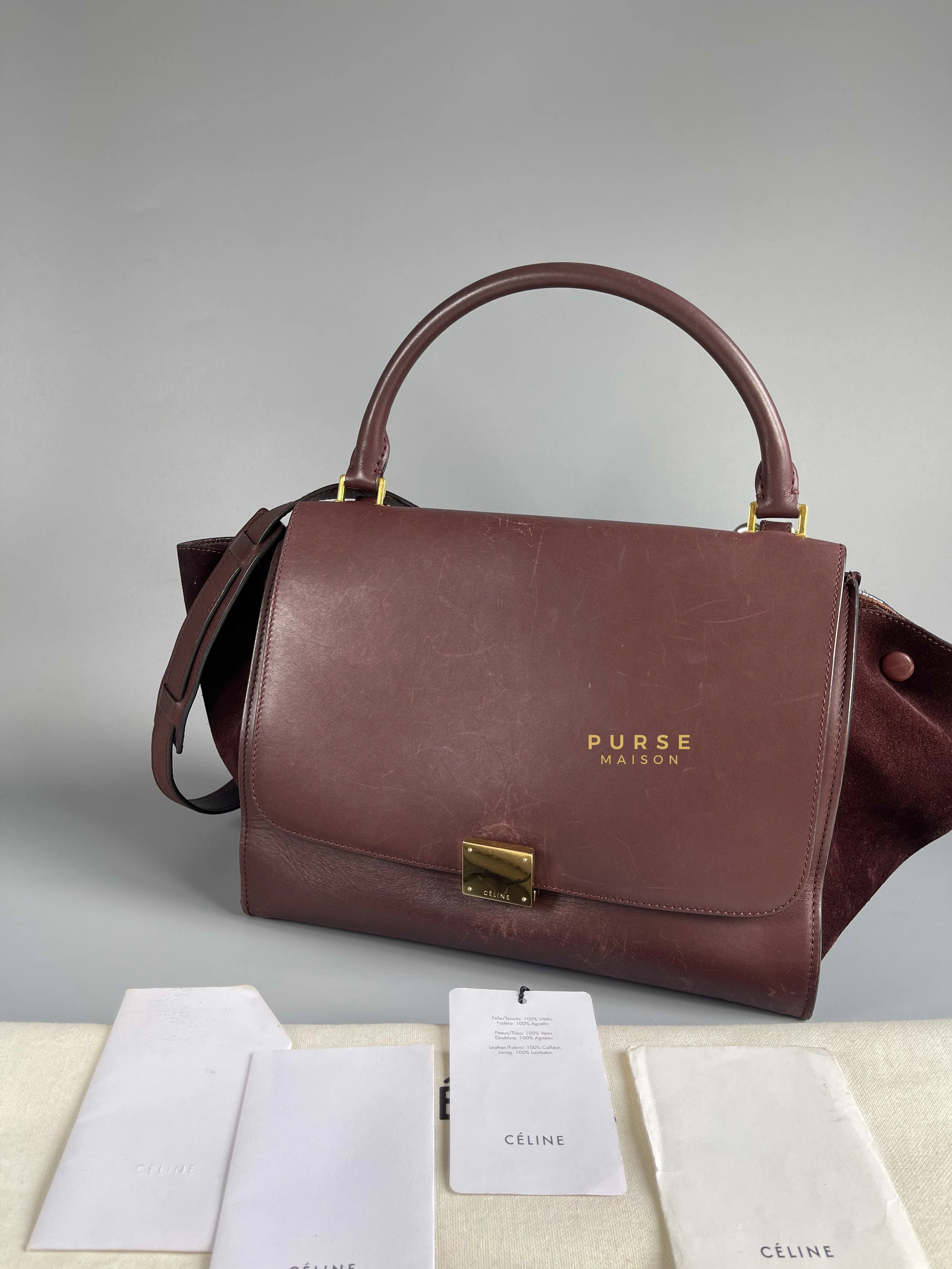 Celine Celine Burgundy Smooth Calfskin Suede Medium Trapeze Long Strap Bag - Image 42