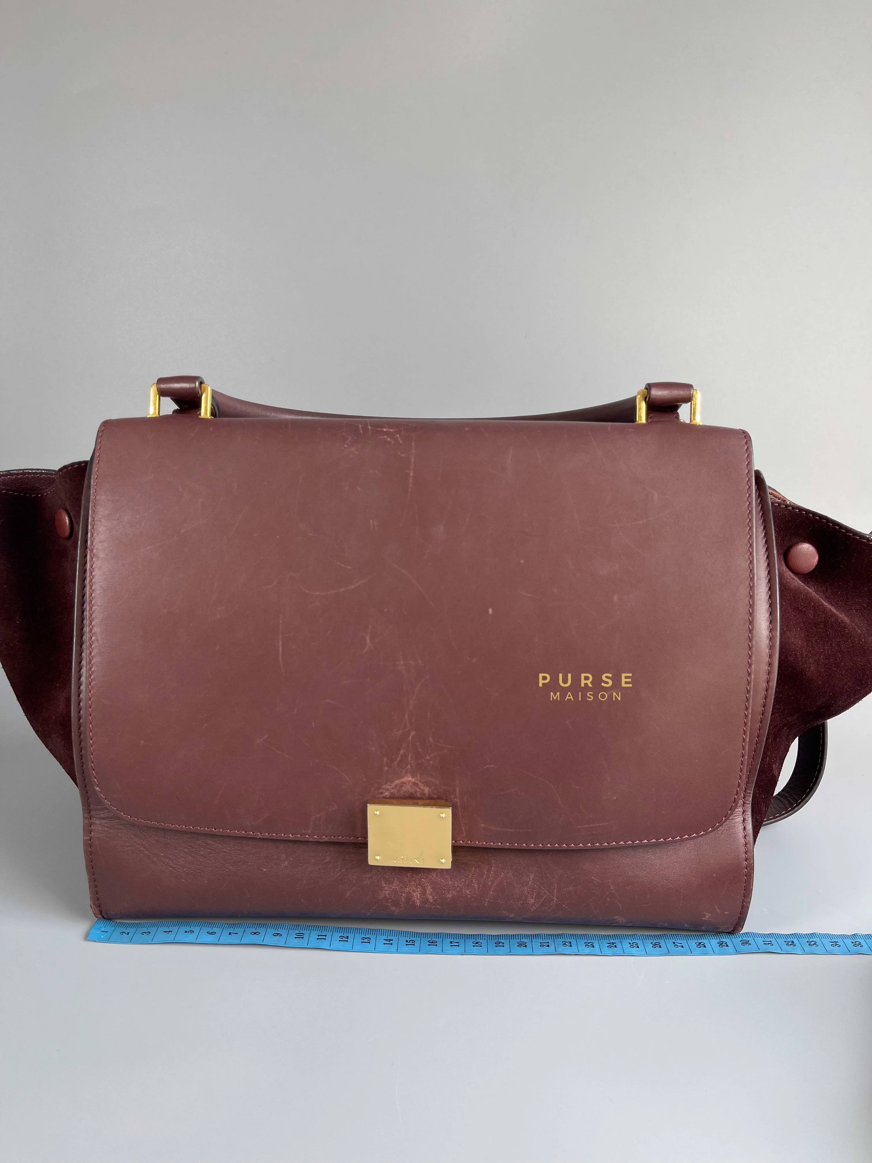 Celine Celine Burgundy Smooth Calfskin Suede Medium Trapeze Long Strap Bag - Image 46