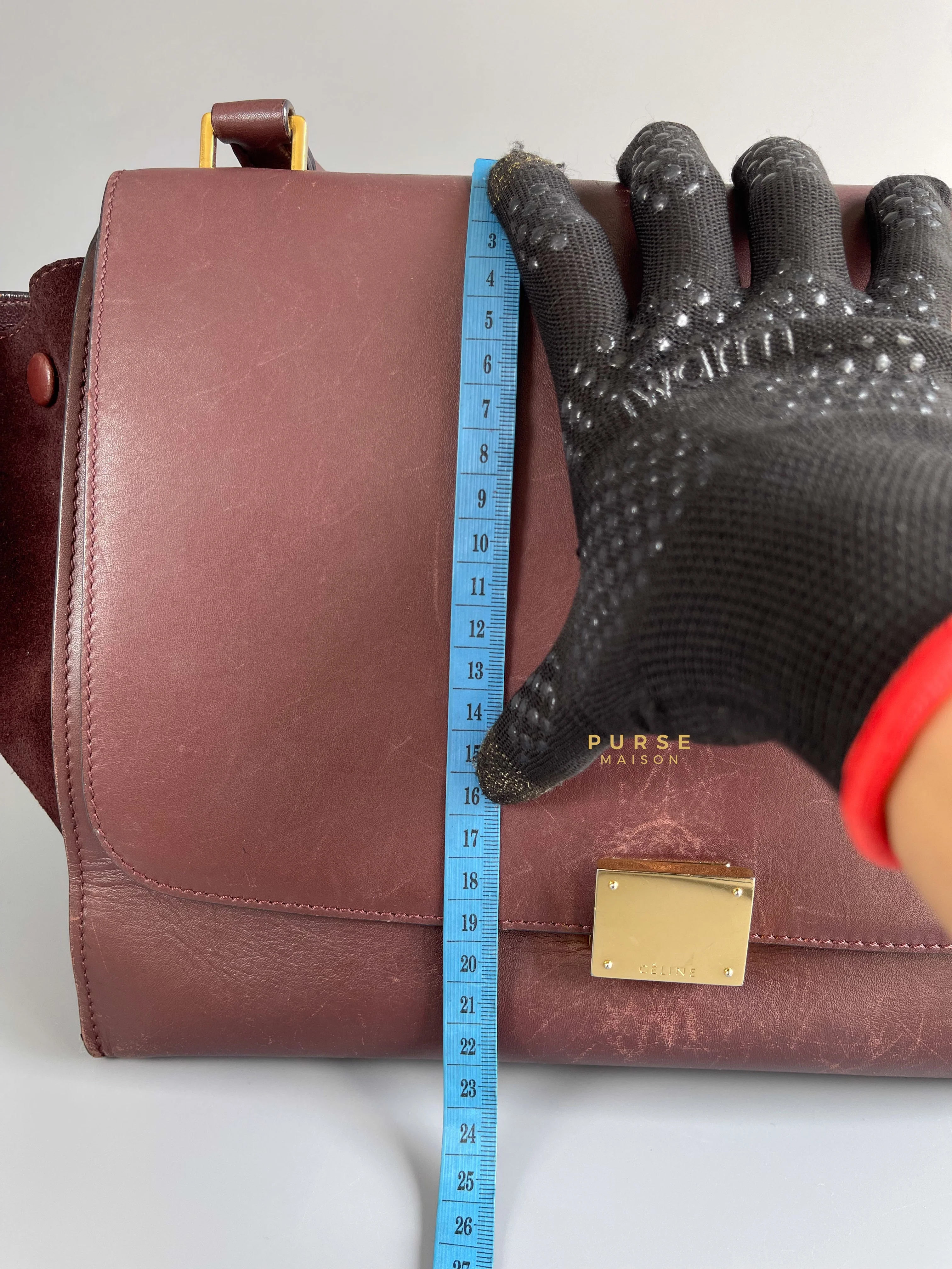 Celine Celine Burgundy Smooth Calfskin Suede Medium Trapeze Long Strap Bag - Image 47