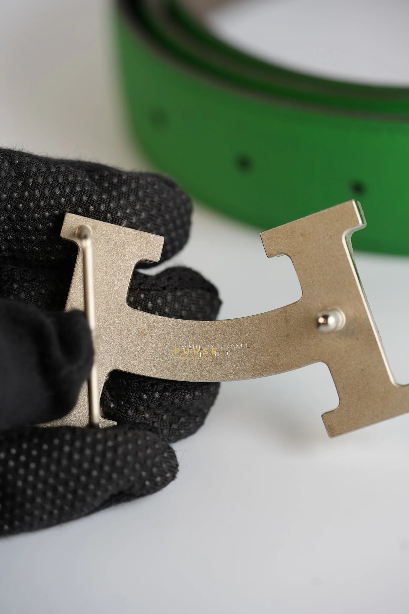 Hermes Constance Belt with Smile H Palladium Buckle & Reversible Leather Strap (Etoupe/Vert) (85) - Image 12